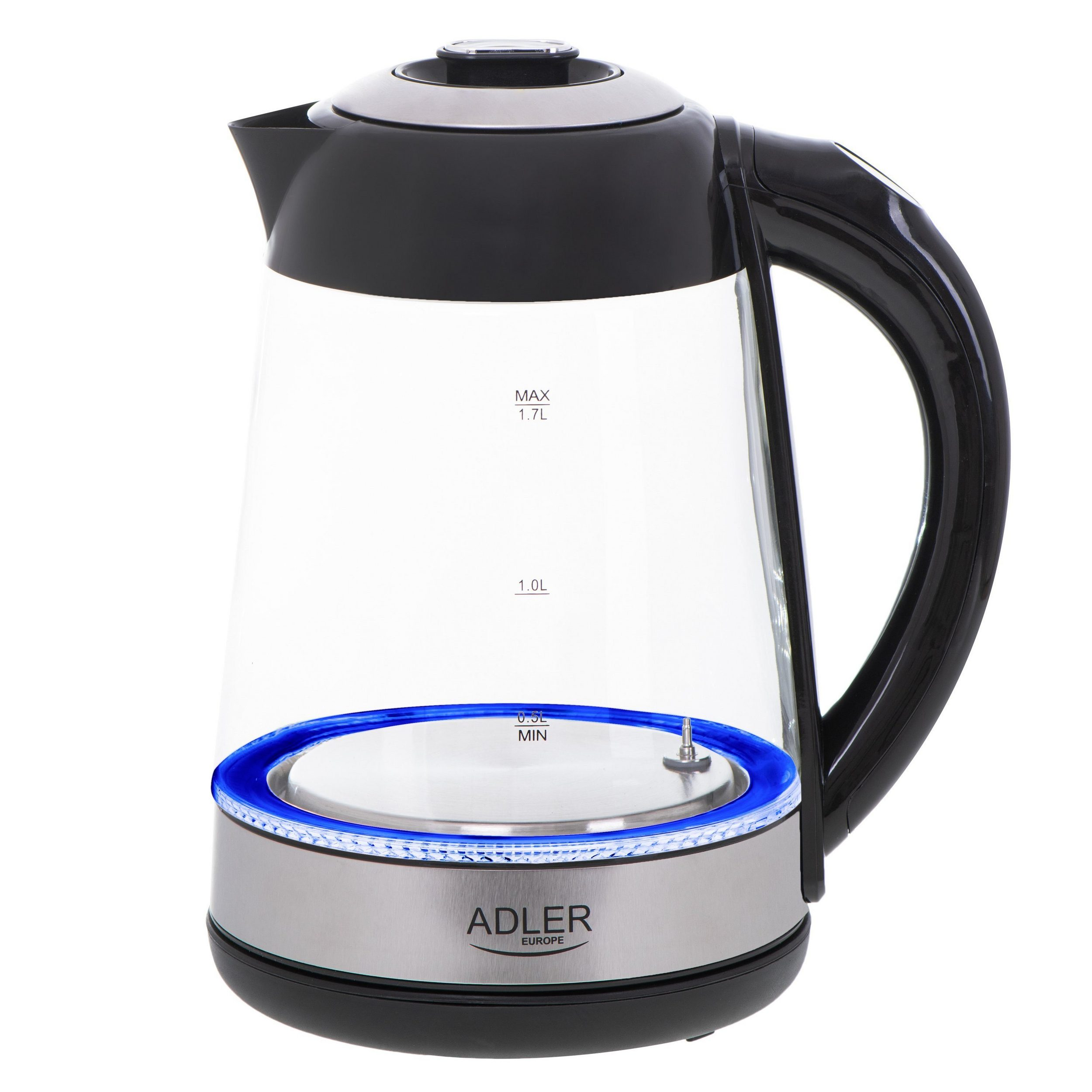 Ein transparenter Wasserkocher mit schwarzem Deckel, Griff und Basis. Blaue Lichter leuchten.