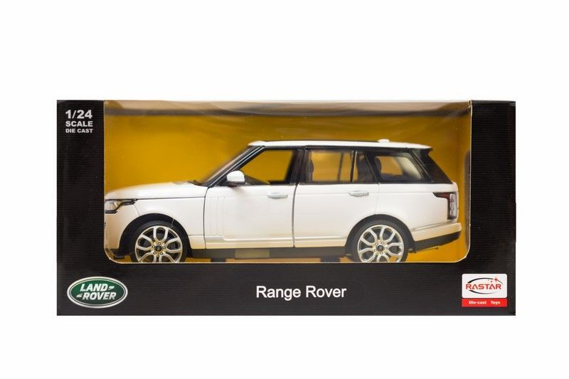 Biały samochód zabawkowa Range Rover w skali 1:24 w opakowaniu.