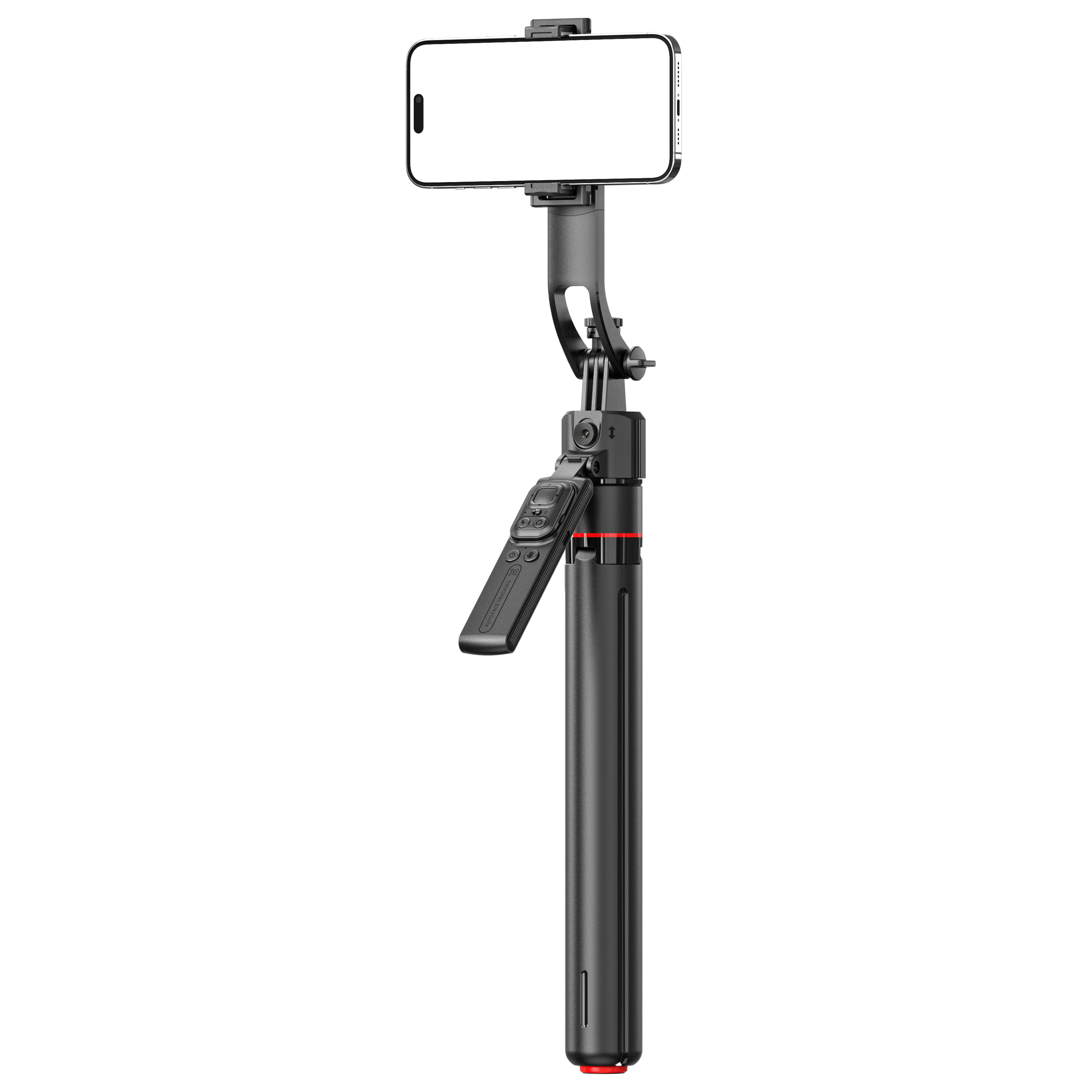 Zwarte smartphone gimbal met afstandsbediening en leeg scherm.