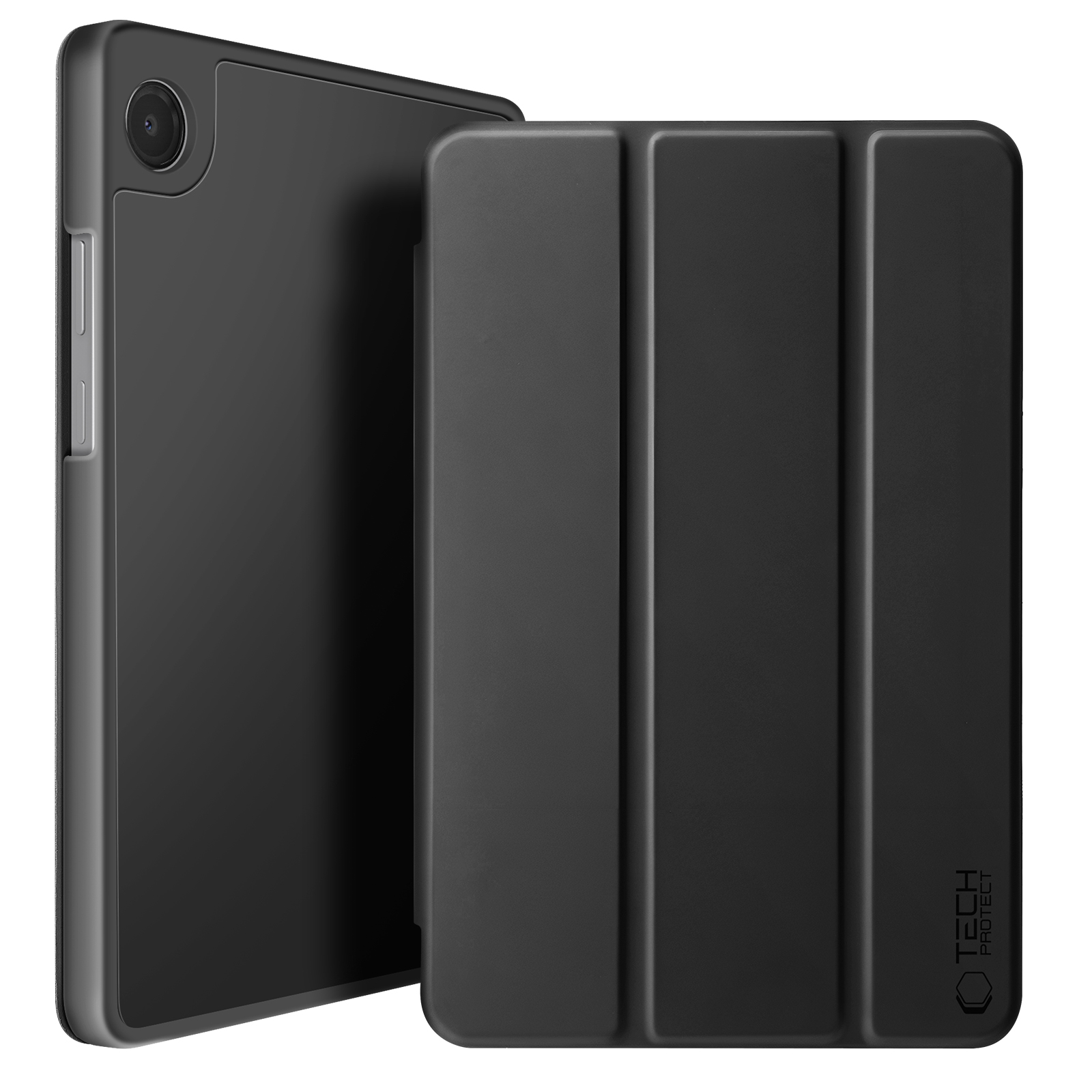 Un tablet nero con fotocamera, accanto a una cover nera piegata.