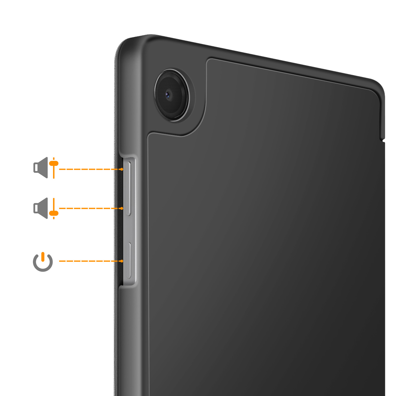 Retro di un tablet nero con pulsanti volume, pulsante accensione e obiettivo fotocamera.