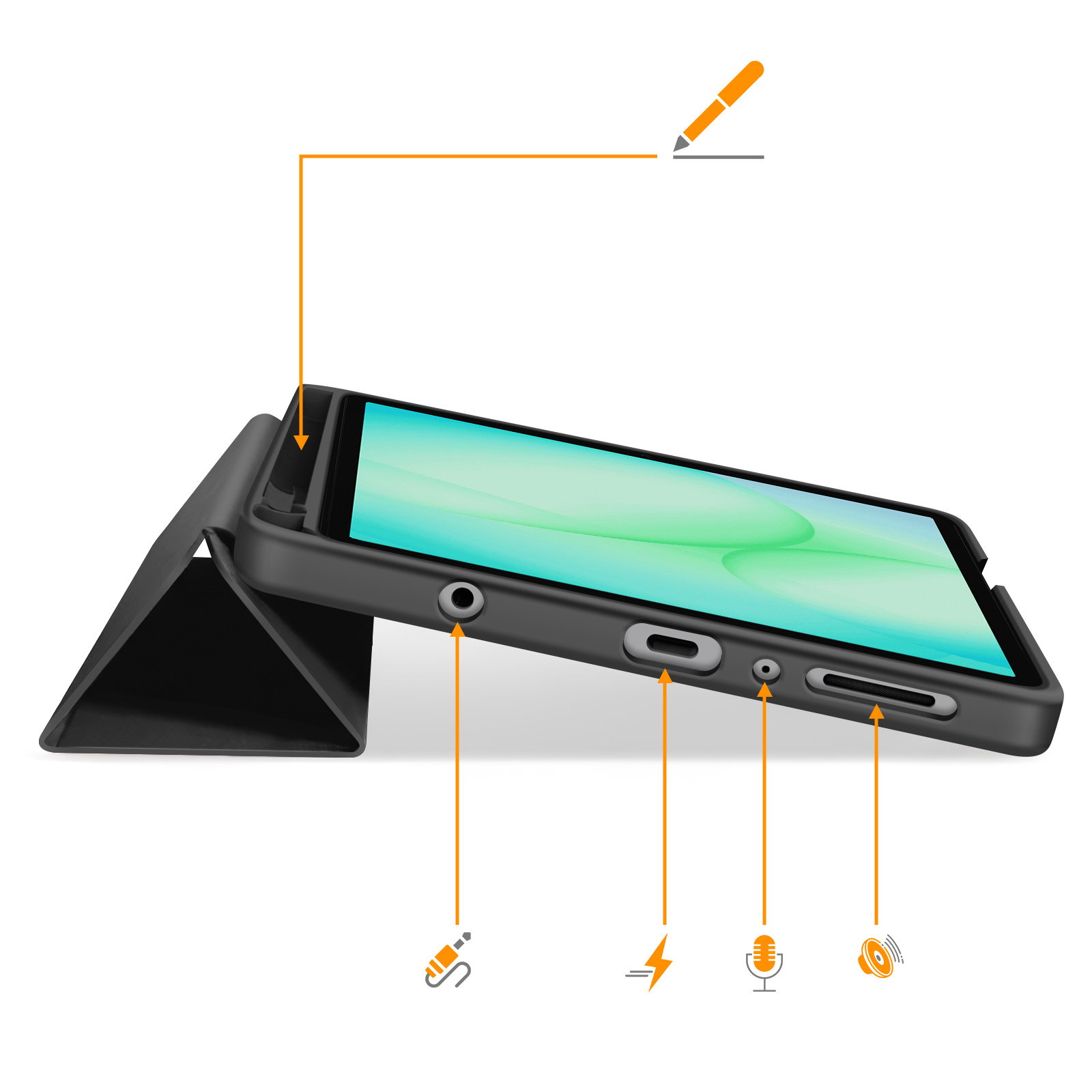 Tablet nero in un supporto, con porte evidenziate da icone.