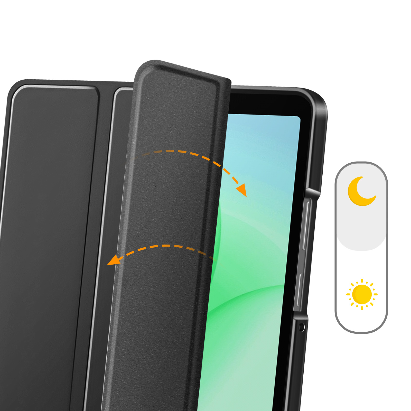Un tablet nero con una cover protettiva aperta. Un'icona giorno/notte è a destra.