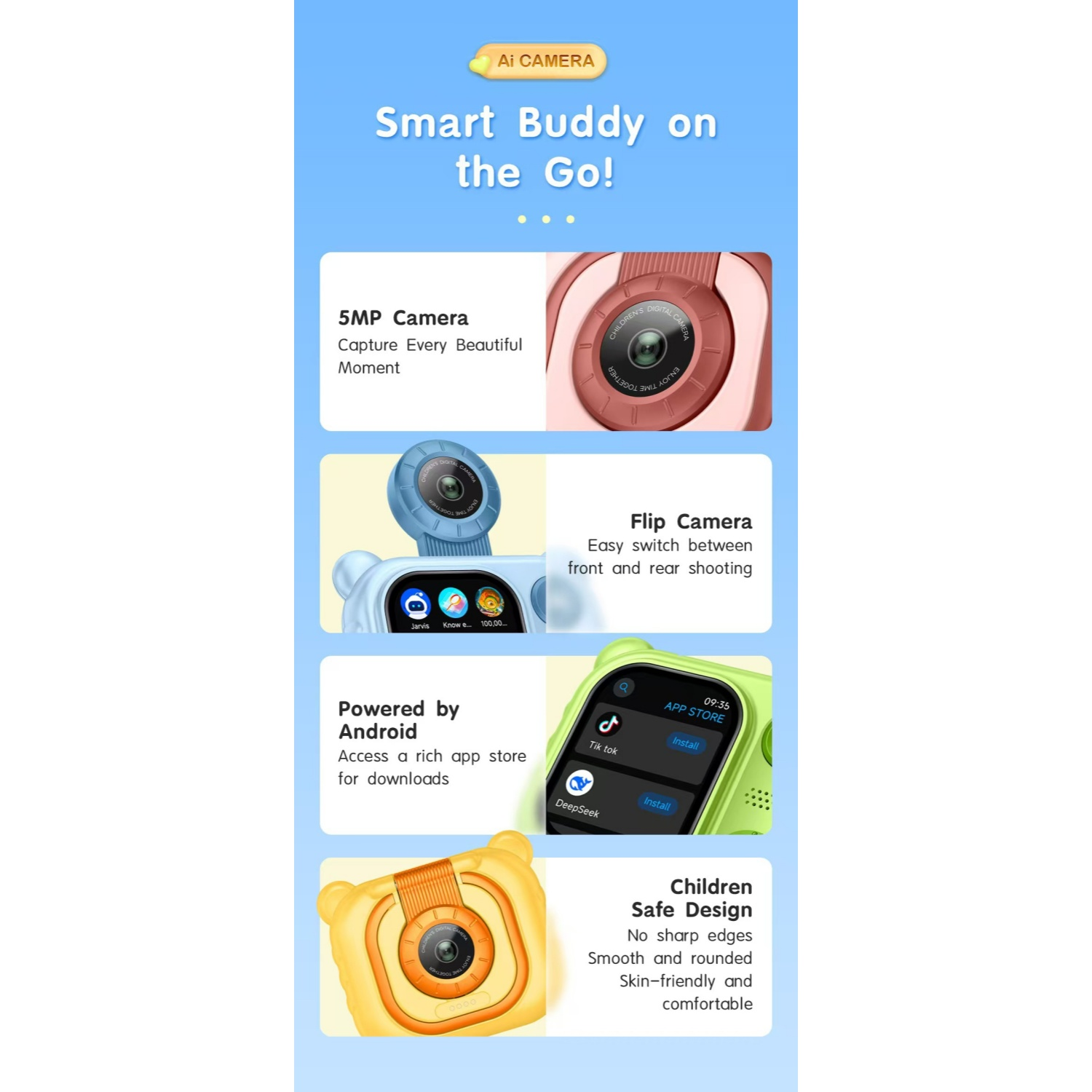 Produktübersicht: 5MP Kamera, Flip-Kamera, Android-basiert, kinderfreundliches Design.