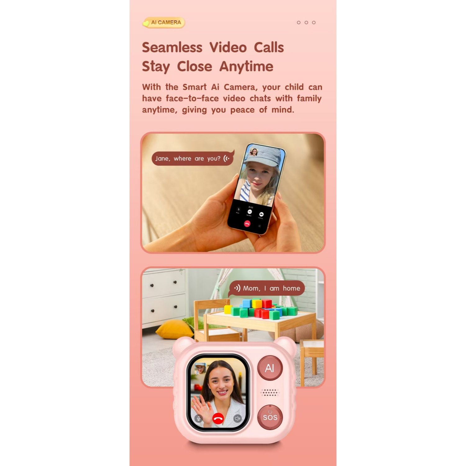 Ein Smartphone zeigt einen Videoanruf mit einem Kind, eine Kinderkamera zeigt einen Anruf mit einer Frau.