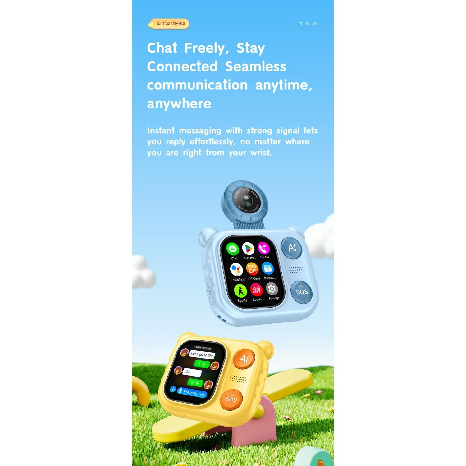Zwei bärenförmige Smartwatches für Kinder, eine blaue, eine gelbe, auf Gras. Blaue Uhr mit Kamera und Apps.