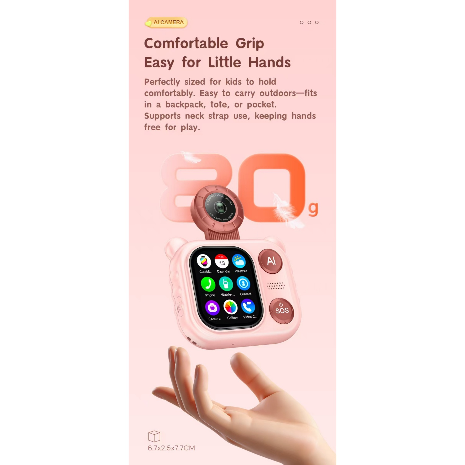 Ein pinkes Kinder-Smartwatch mit Kamera wird in einer Hand gehalten. 80g.