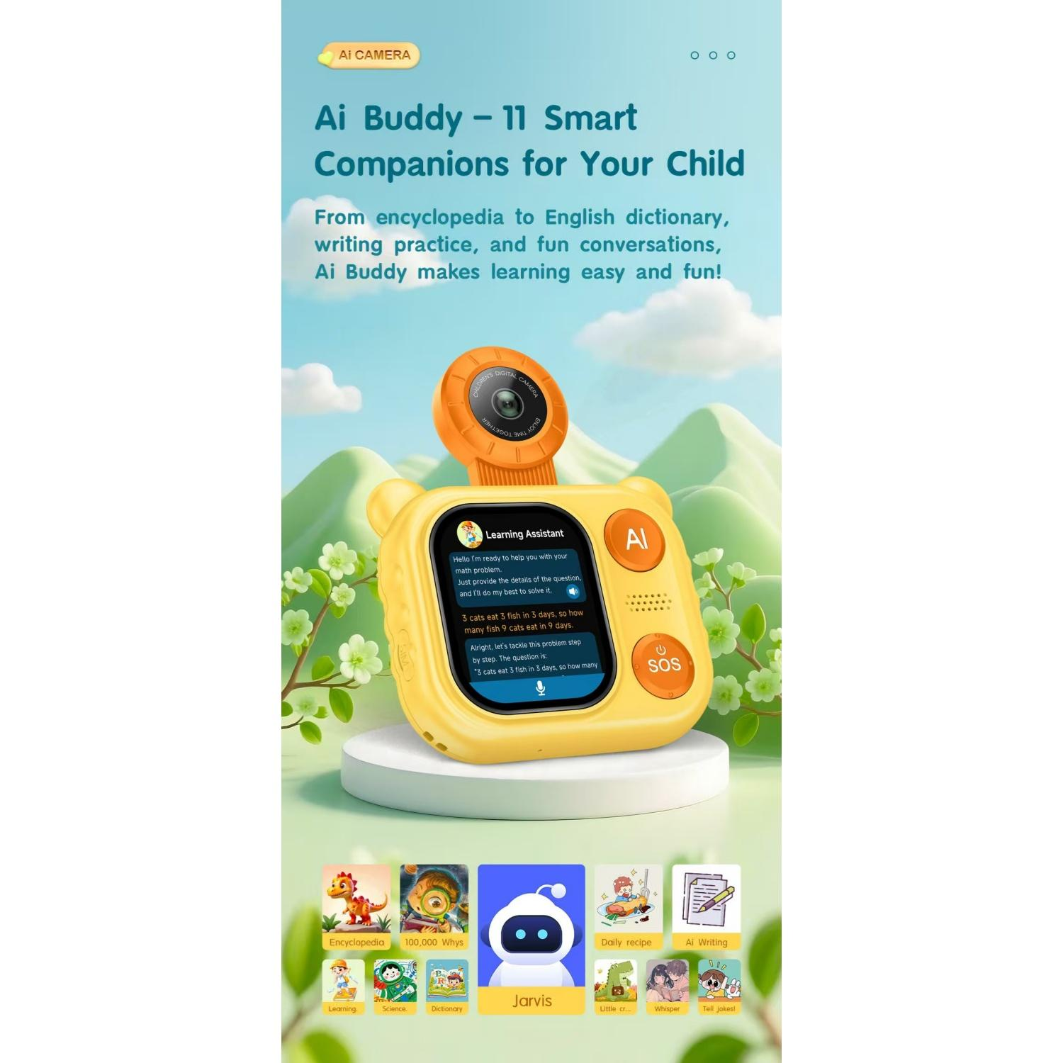 Gelbes KI-Buddy-Gerät mit Kamera, Bildschirm zeigt KI-Mathematik-Hilfe, und App-Icons unten.