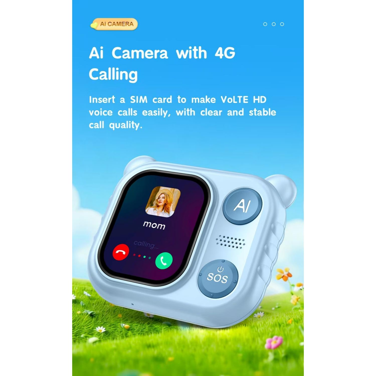 Ein hellblaues Kinder-Smartwatch mit SOS-Taste und "Mom" auf dem Display.