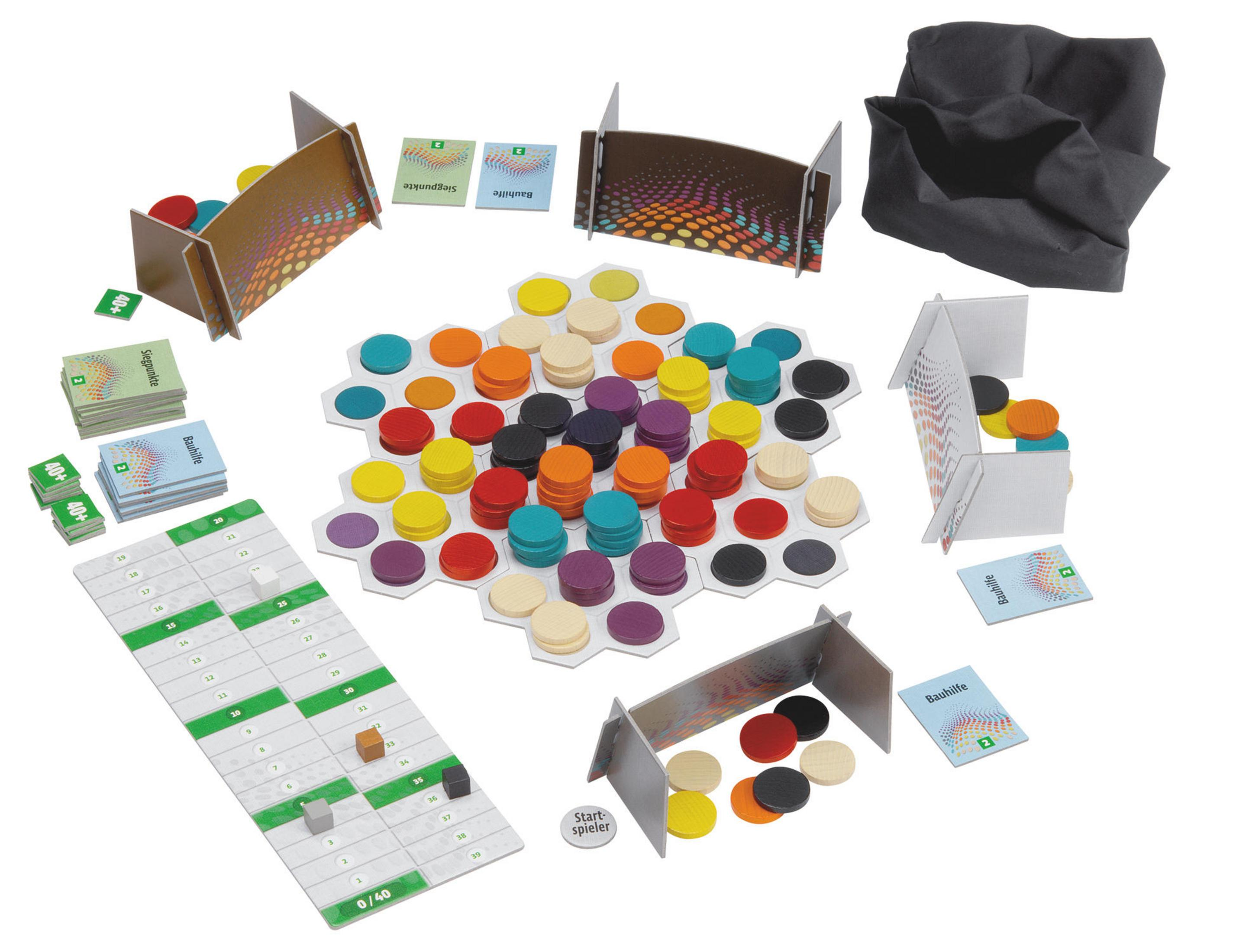 Brettspiel mit bunten Holzscheiben, Spielbrett und Karten.