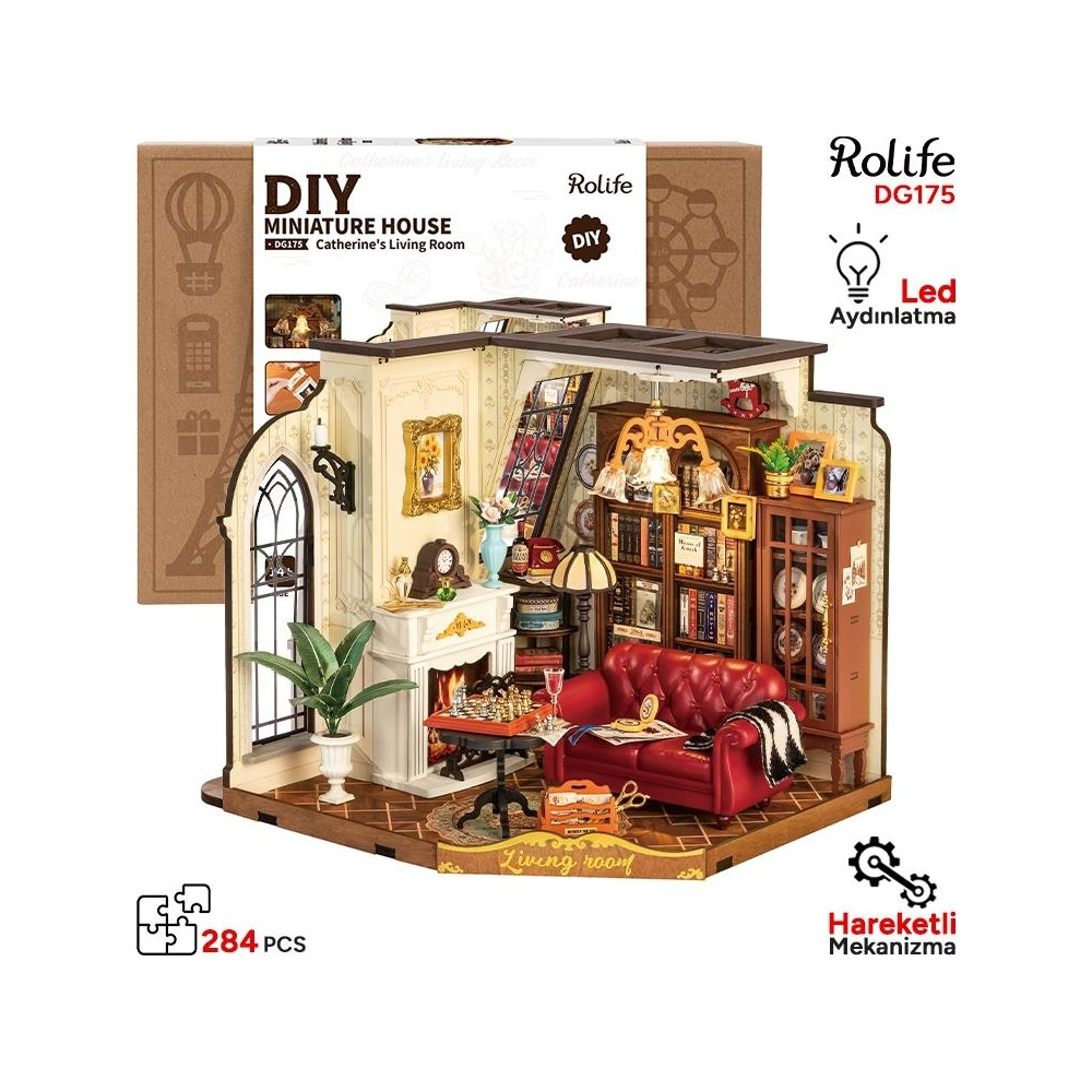 Rolife DIY Küçük Ev DG175 Catherine'in Oturma Odası mobilya ve ışıklarla.
