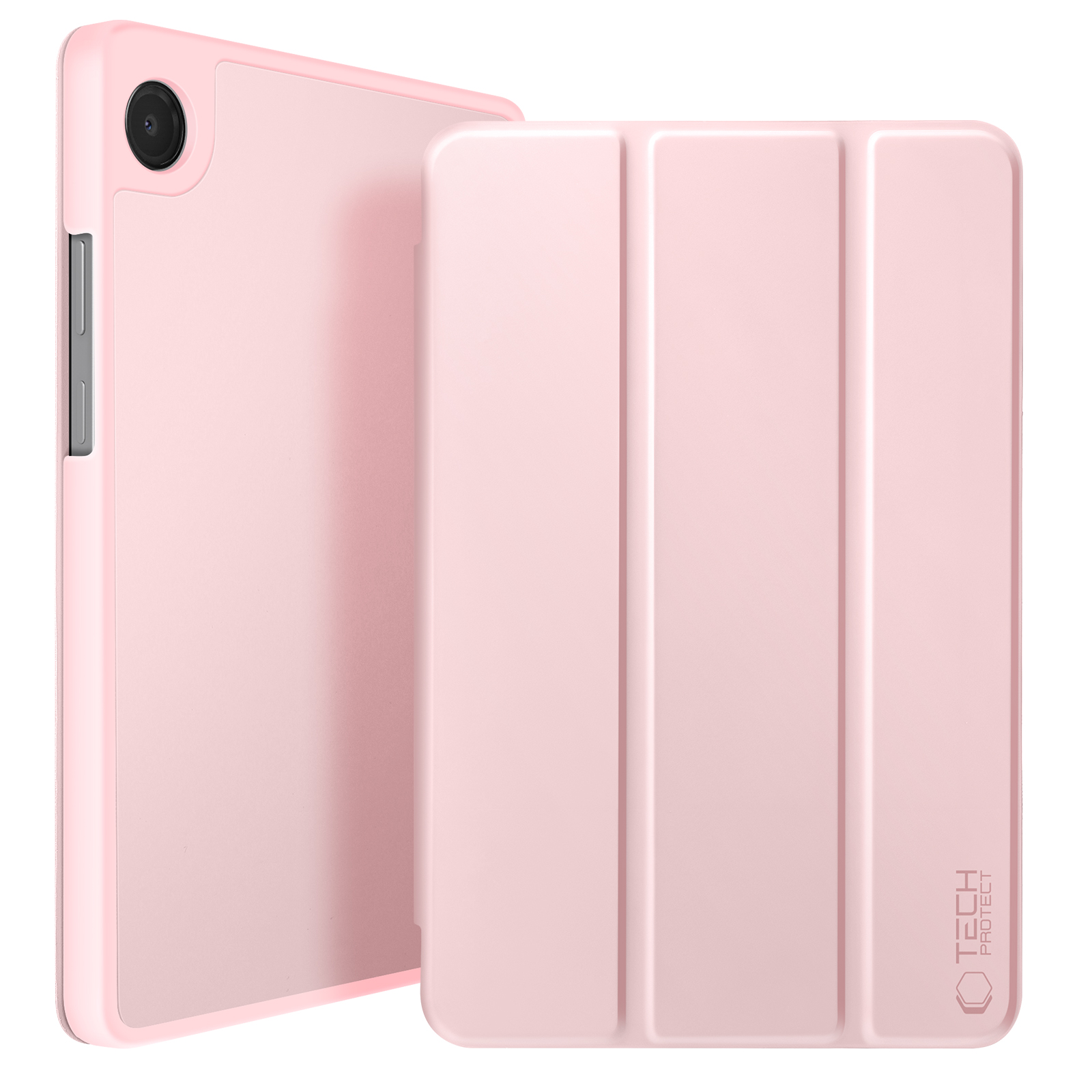 Un supporto e una custodia per tablet rosa sono uno accanto all'altro.