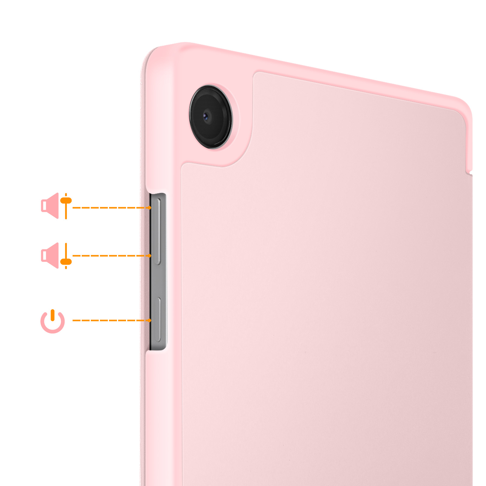 Un tablet rosa che mostra obiettivo fotocamera e pulsanti volume/accensione.