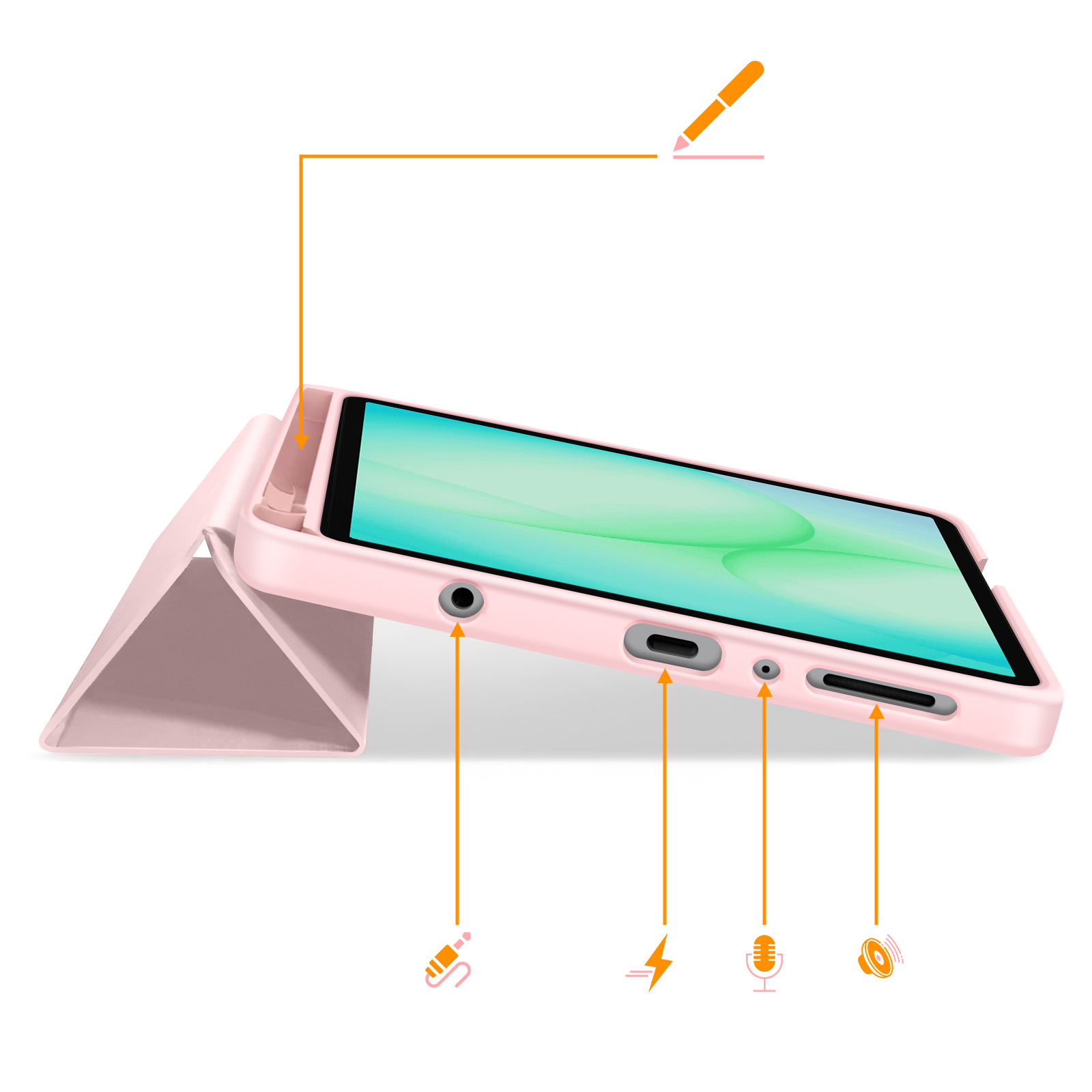 Una custodia rosa per telefono con schermo, porte e icone.
