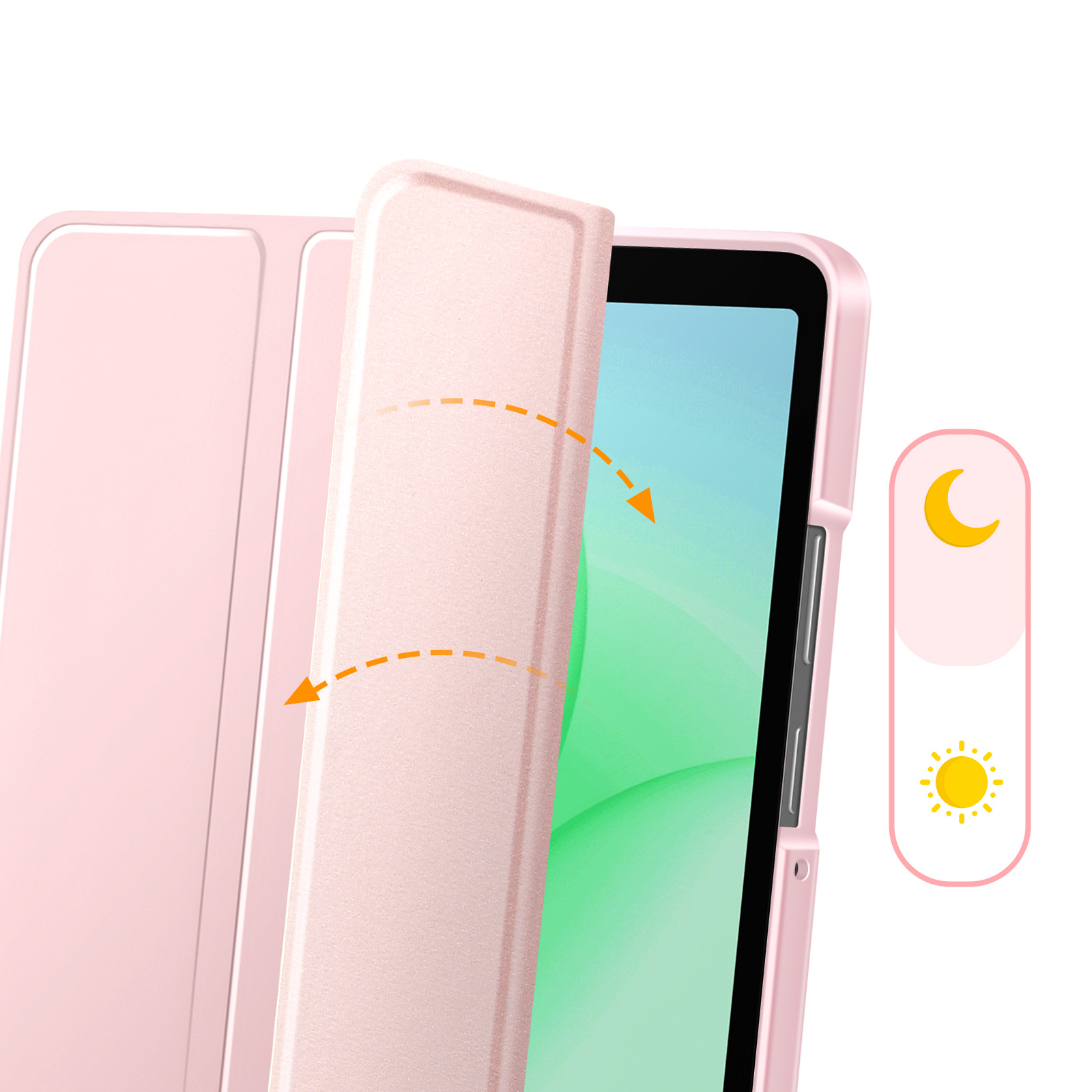 Supporto per tablet rosa con schermo che mostra luna e sole.