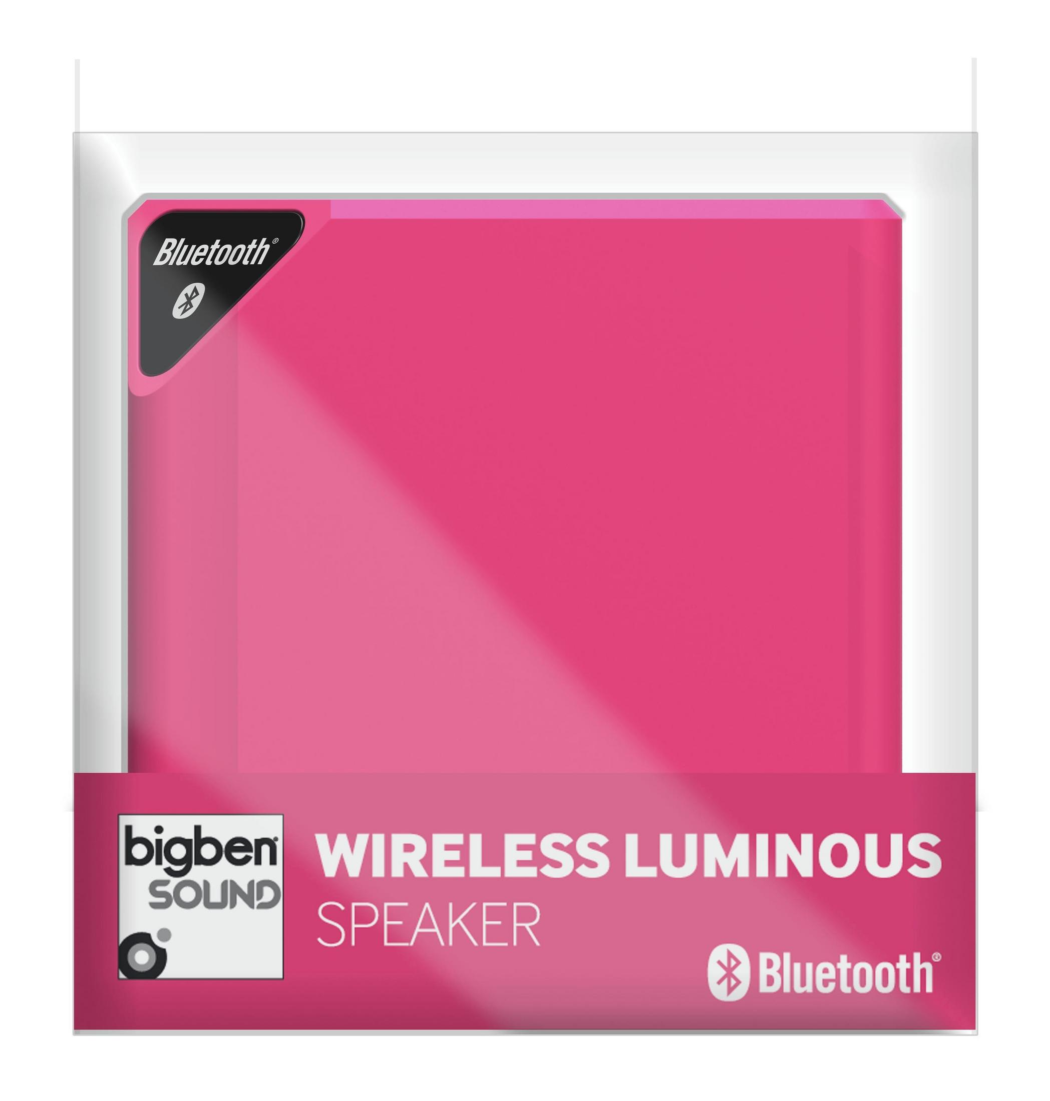 Un altoparlante Bluetooth rosa in confezione.