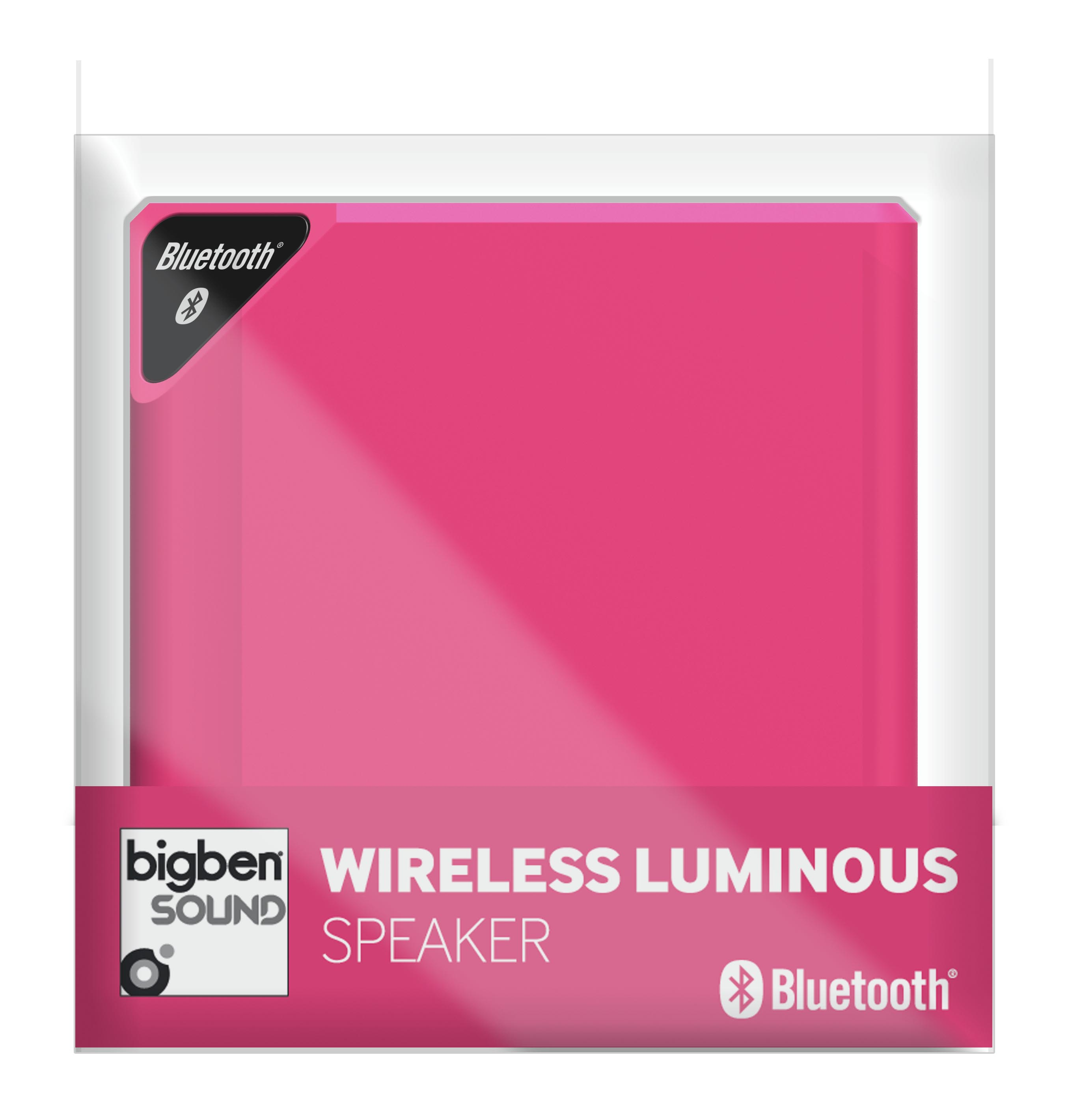 Altoparlante luminoso wireless rosa in confezione. Logo e testo Bluetooth.
