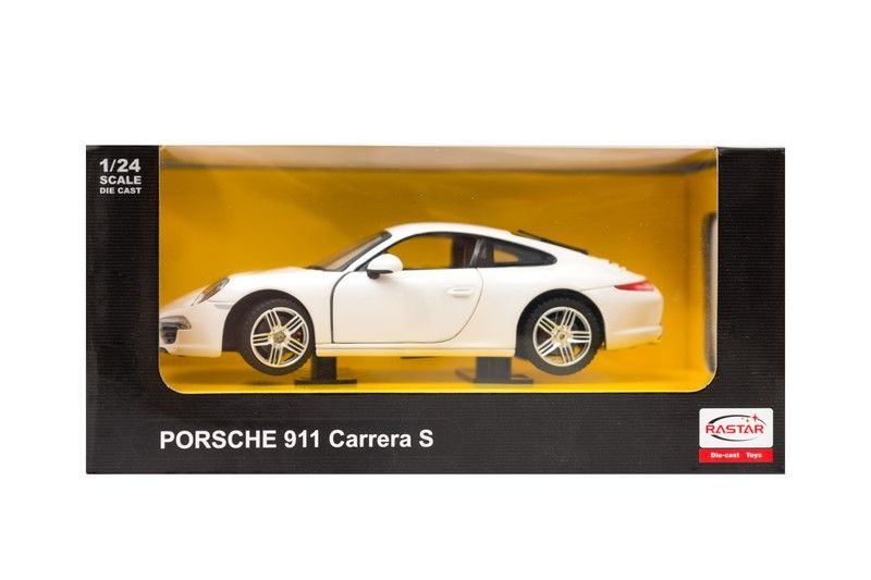 Biały model samochodu Porsche 911 Carrera S w pudełku.