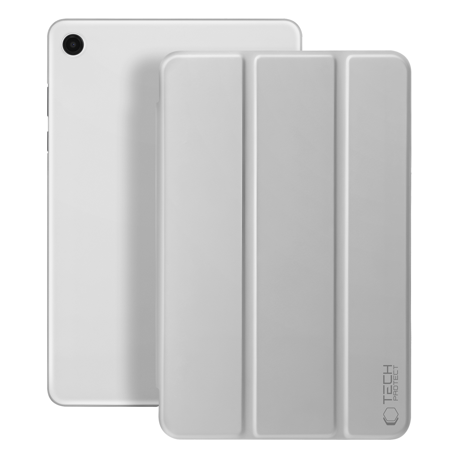Un tablet bianco con custodia. Il tablet ha una fotocamera in alto a sinistra.