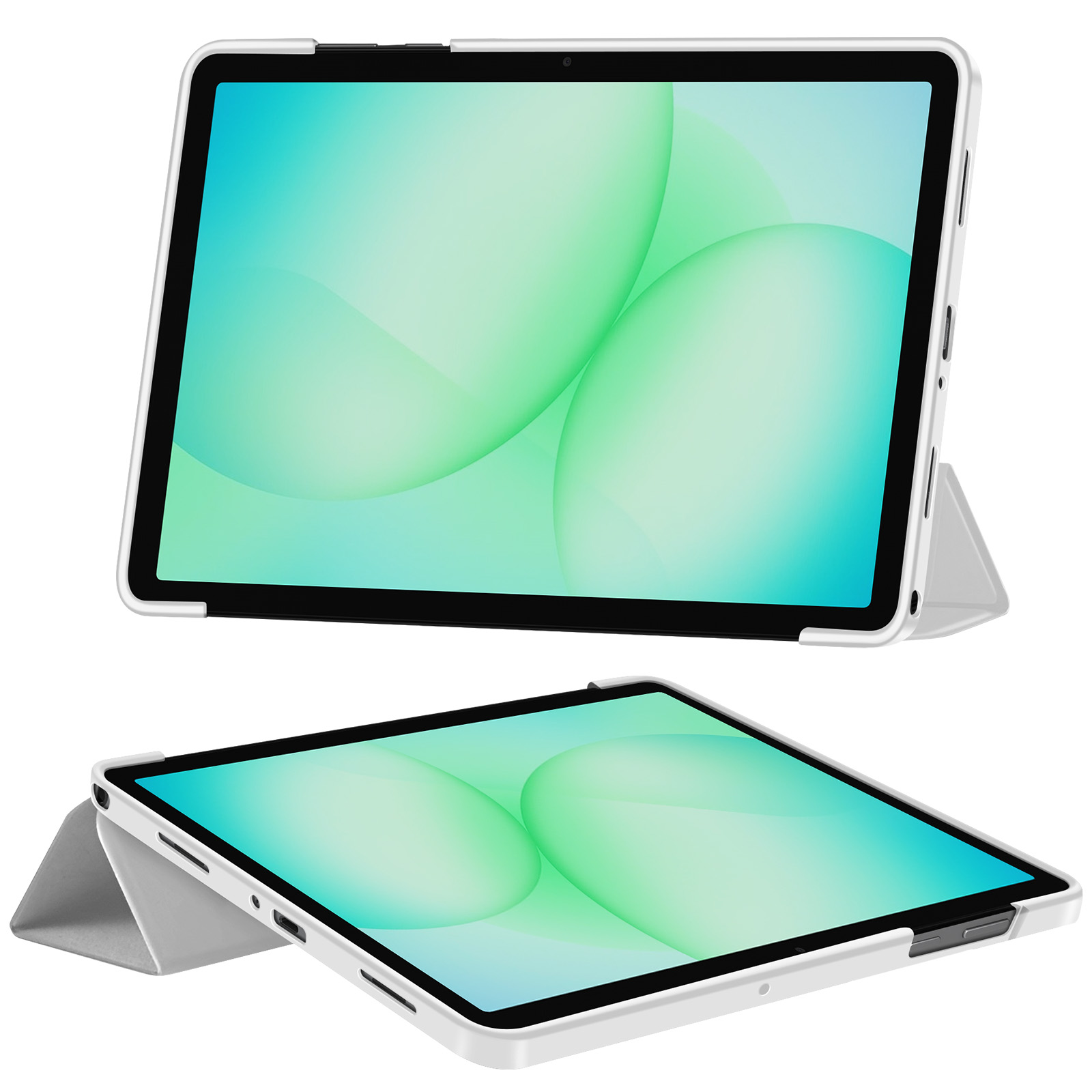 Un tablet bianco con sfondo verde e blu, appoggiato su un supporto.