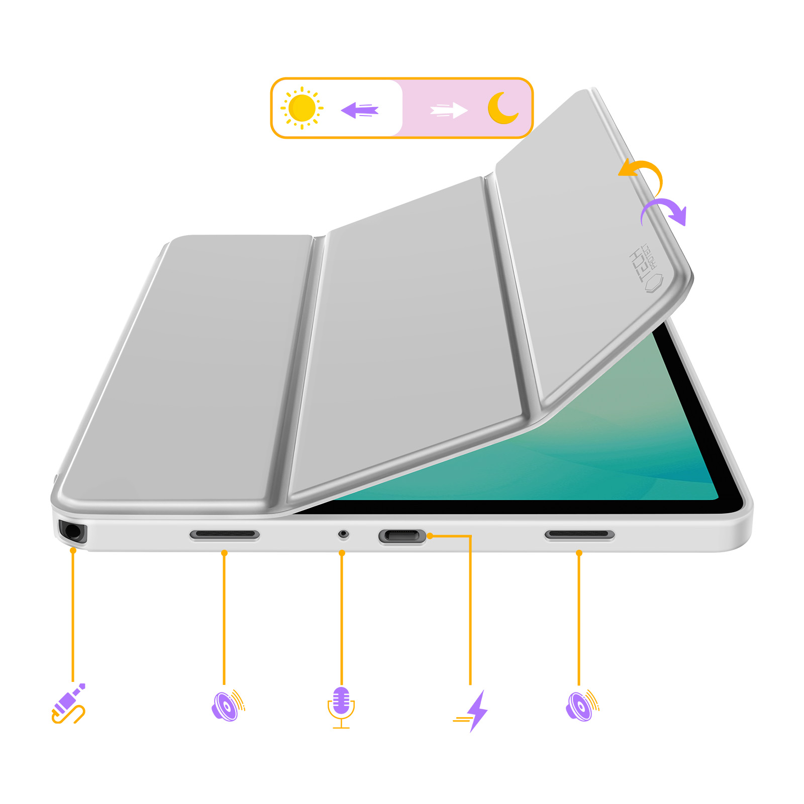 Un tablet grigio chiaro con la custodia aperta, che mostra porte e icone.