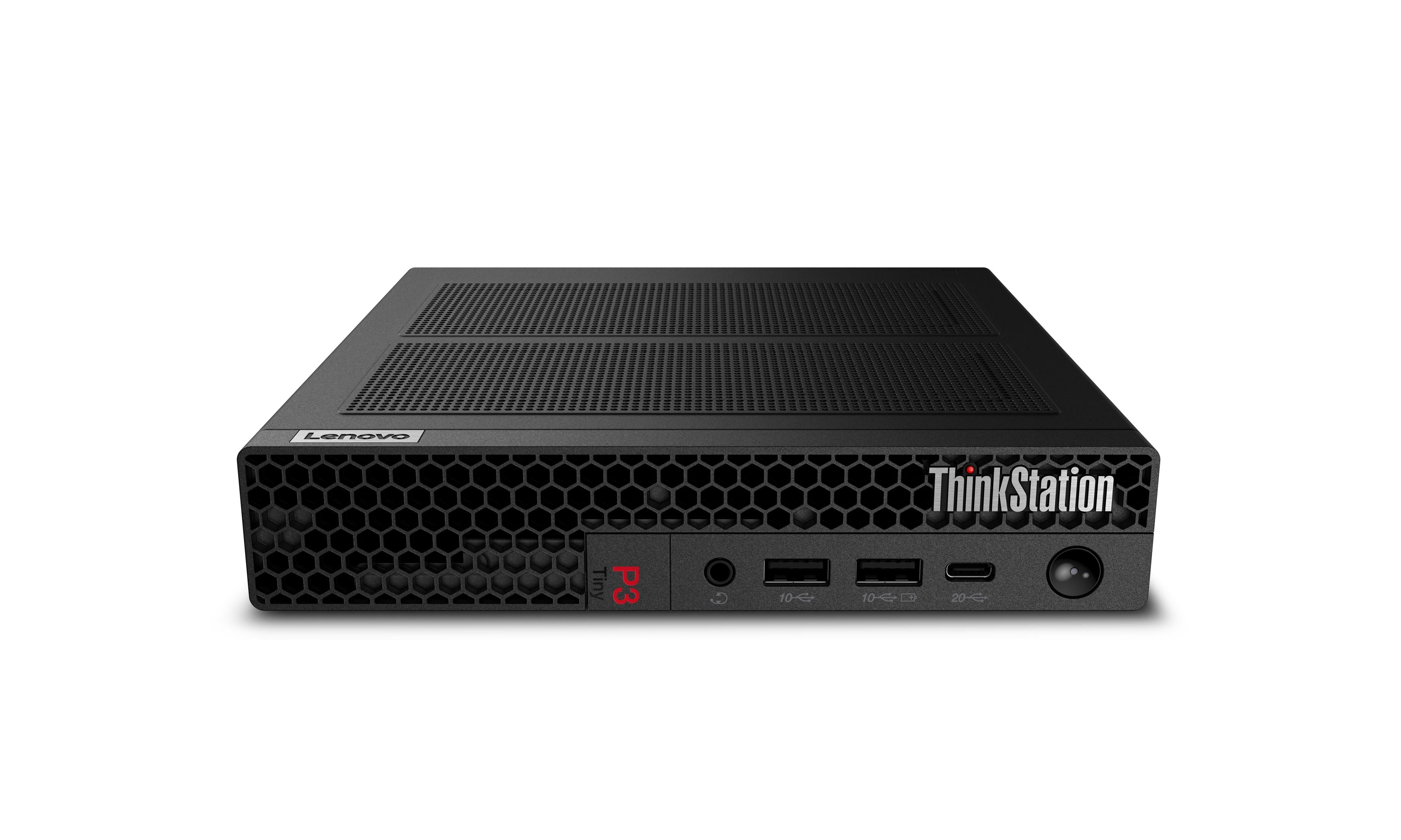 Schwarzer Lenovo ThinkStation P3 Tiny Desktop-Computer mit sichtbaren Frontanschlüssen.