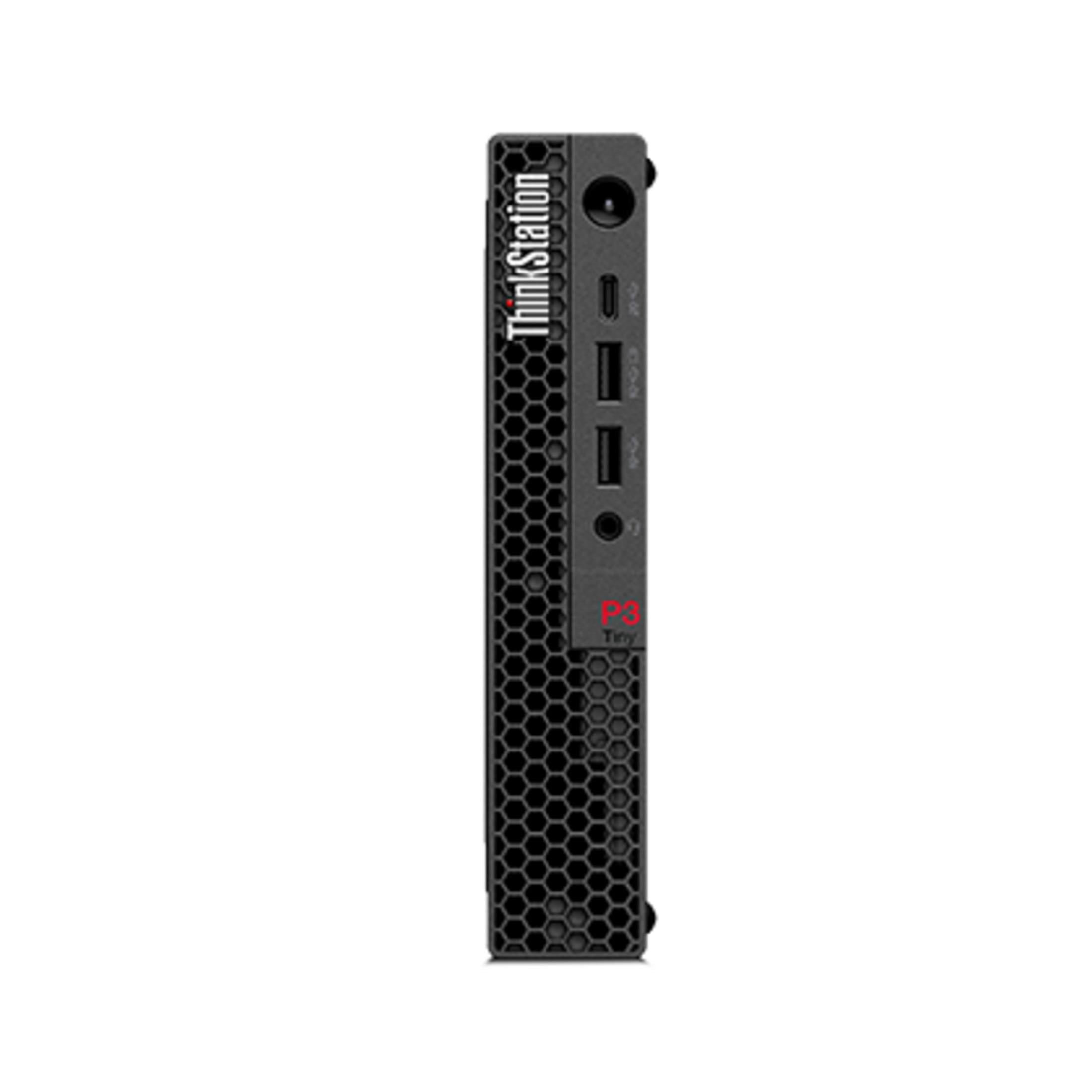 Ein schlankes, schwarzes Lenovo ThinkStation P3 Tiny Desktop-Gehäuse mit Anschlüssen an der Seite.