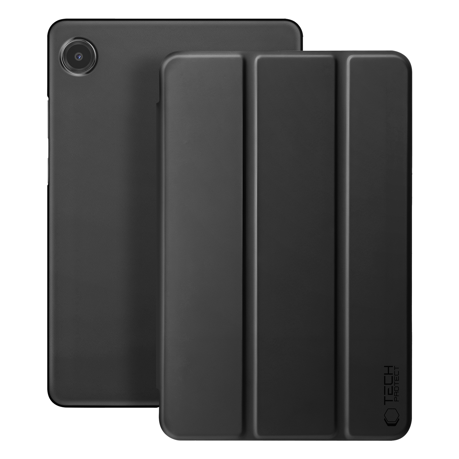 Un tablet nero con custodia protettiva. Il retro del tablet mostra una fotocamera.