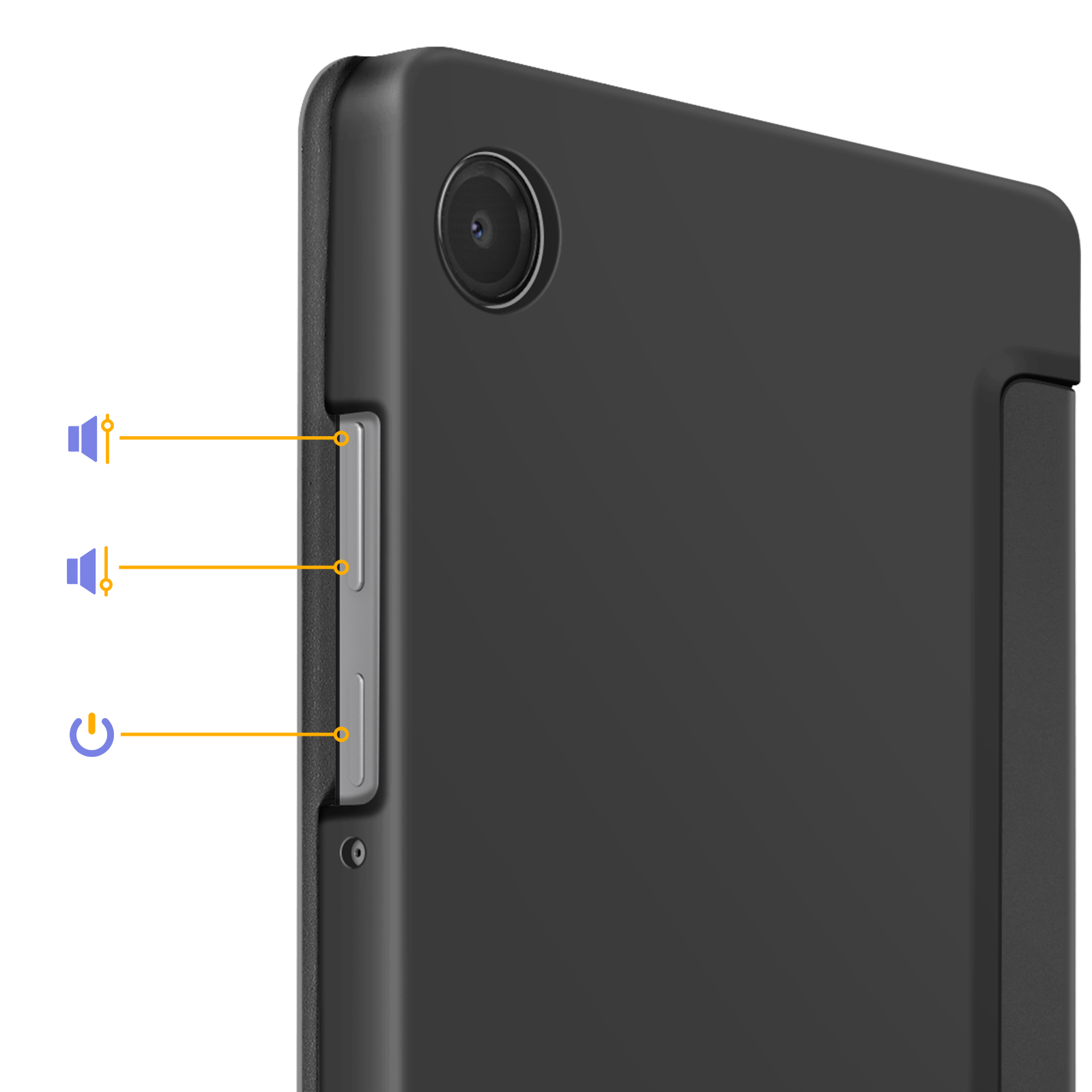 Primo piano del lato destro di un tablet nero con pulsanti del volume e di accensione.