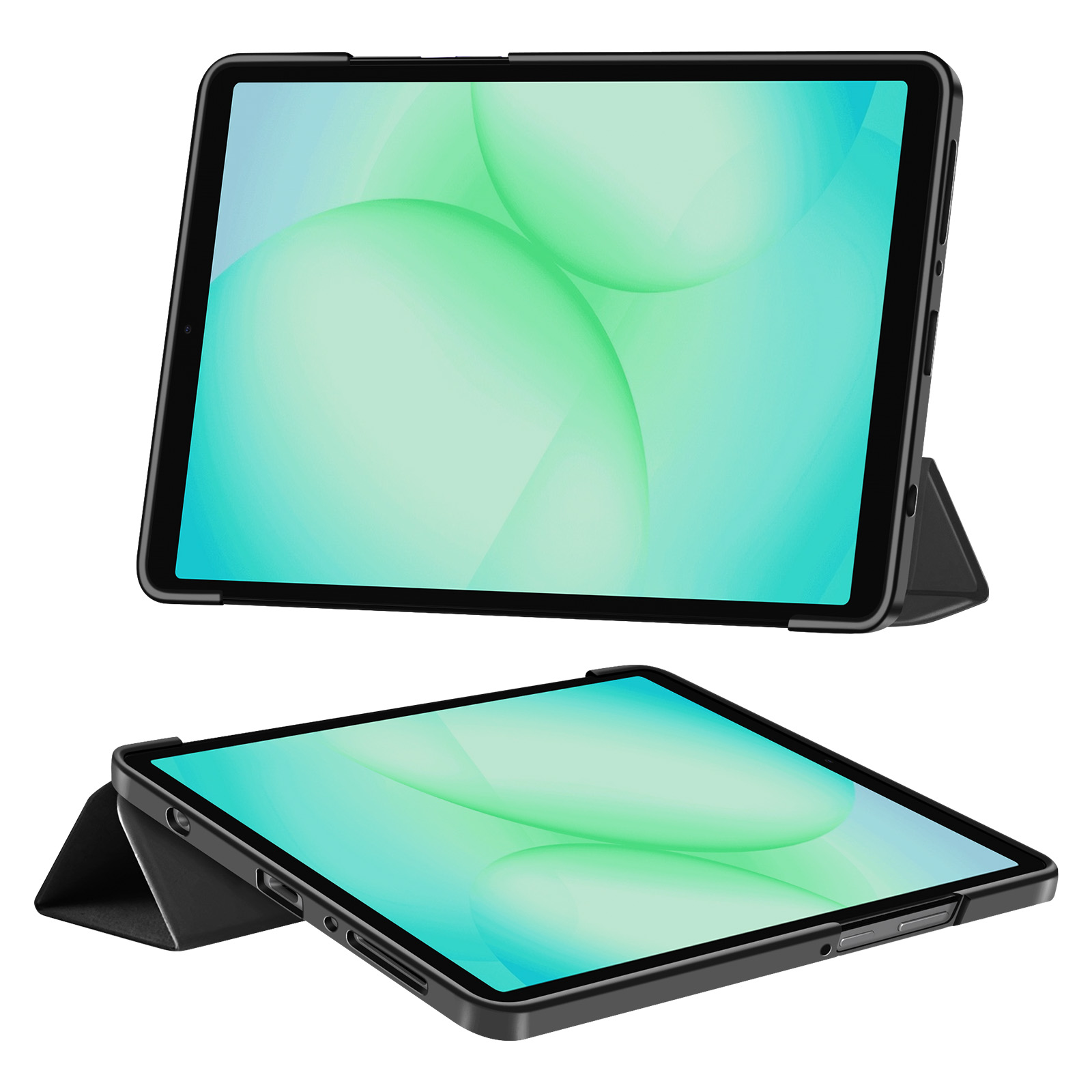 Due tablet neri con supporto che mostrano uno sfondo verde.