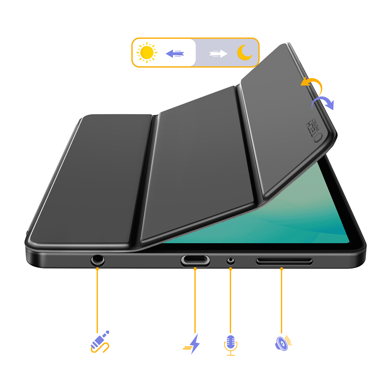 Un tablet nero con la cover aperta, che mostra porte e indicatori audio.