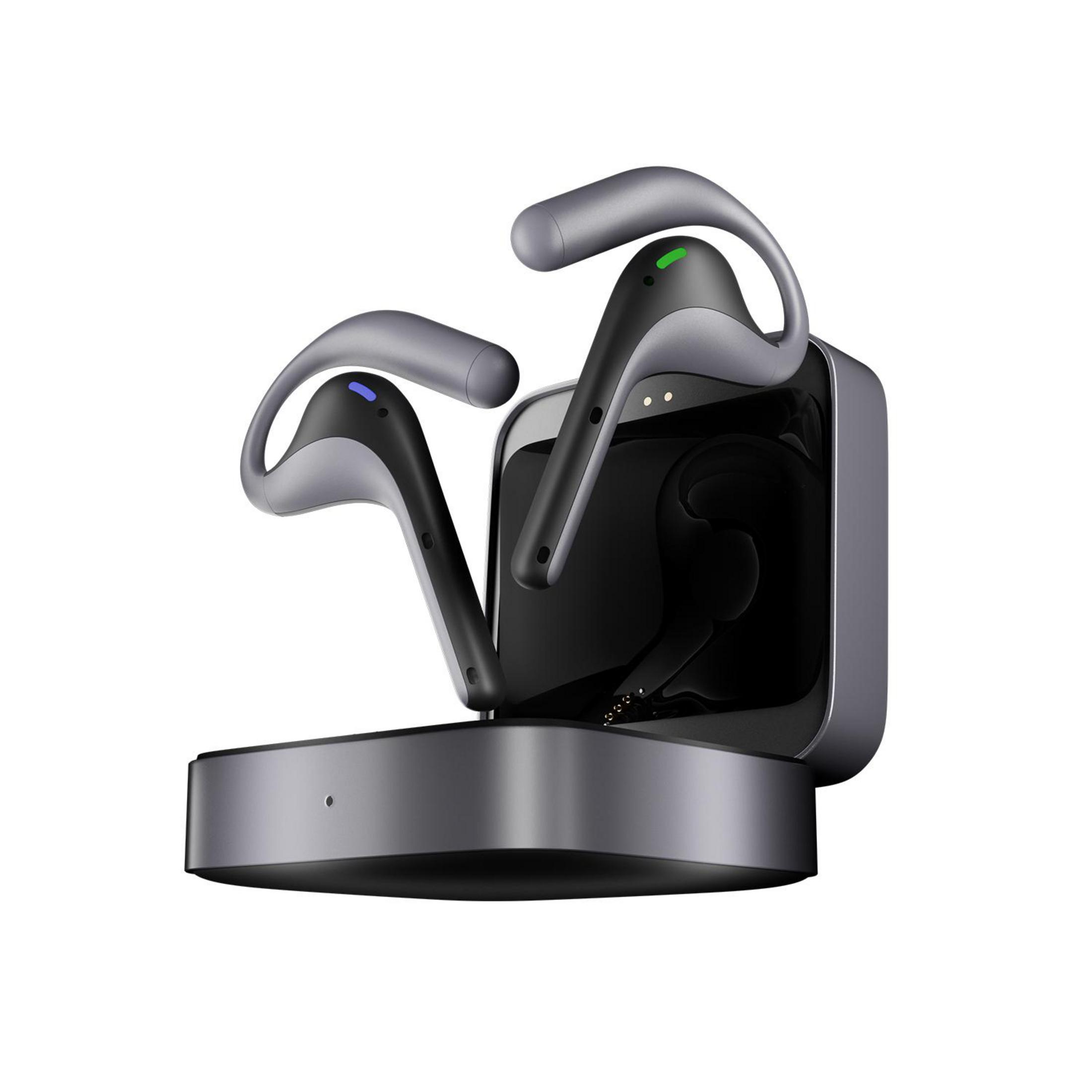 Due auricolari wireless neri e grigi in una custodia di ricarica con LED blu e verdi.
