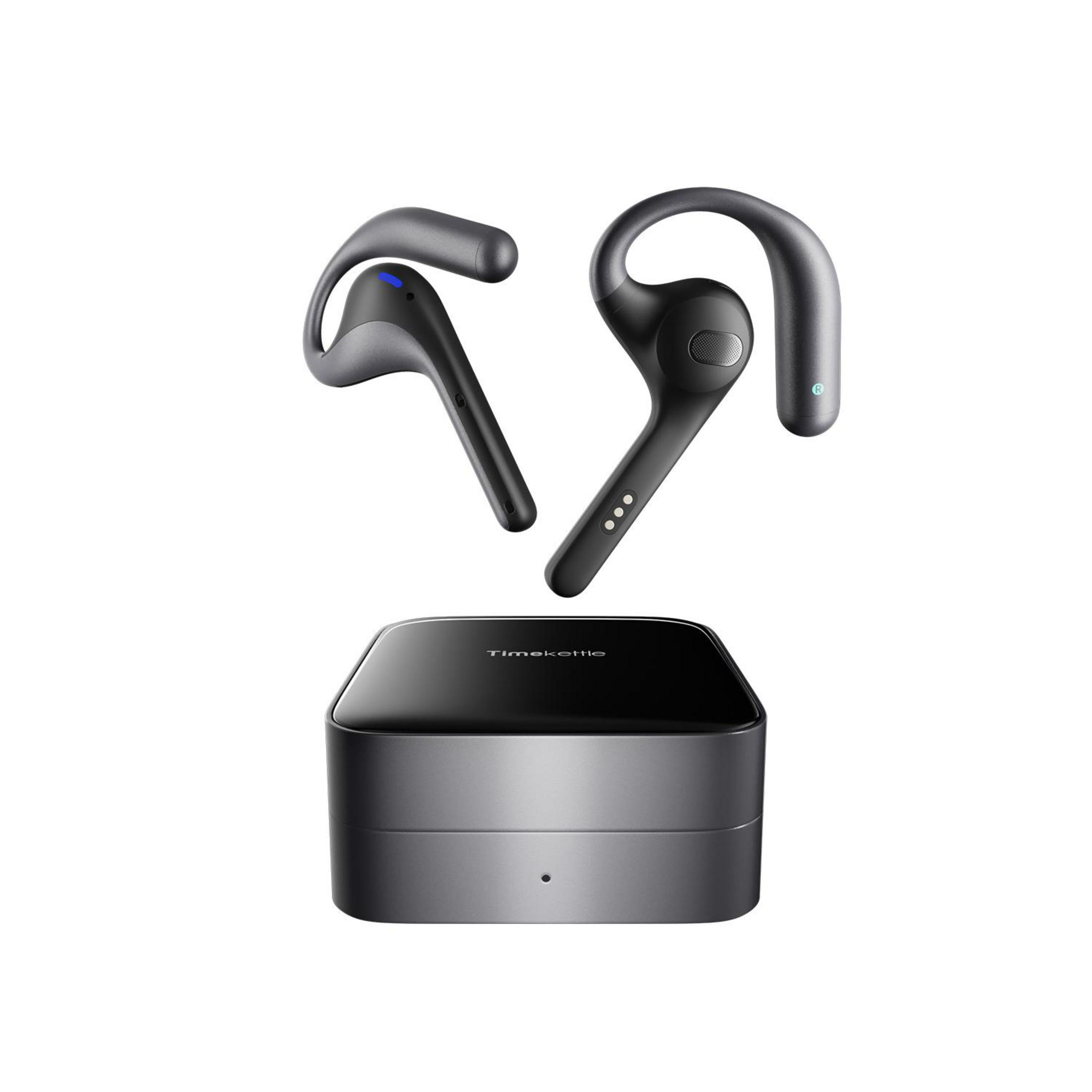 Auricolari wireless neri con custodia di ricarica, che mostrano gli auricolari e la custodia.