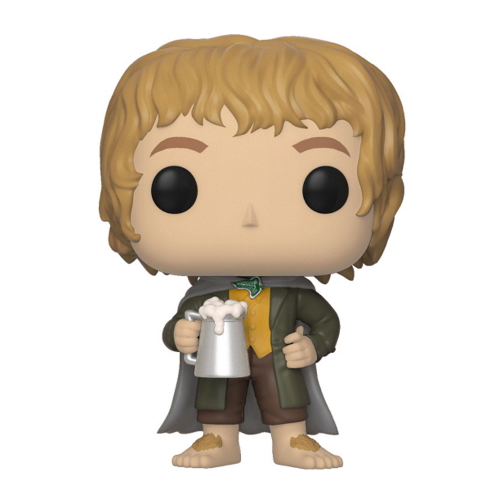 Ein Hobbit mit blondem Haar hält einen Bierkrug mit Schaum.