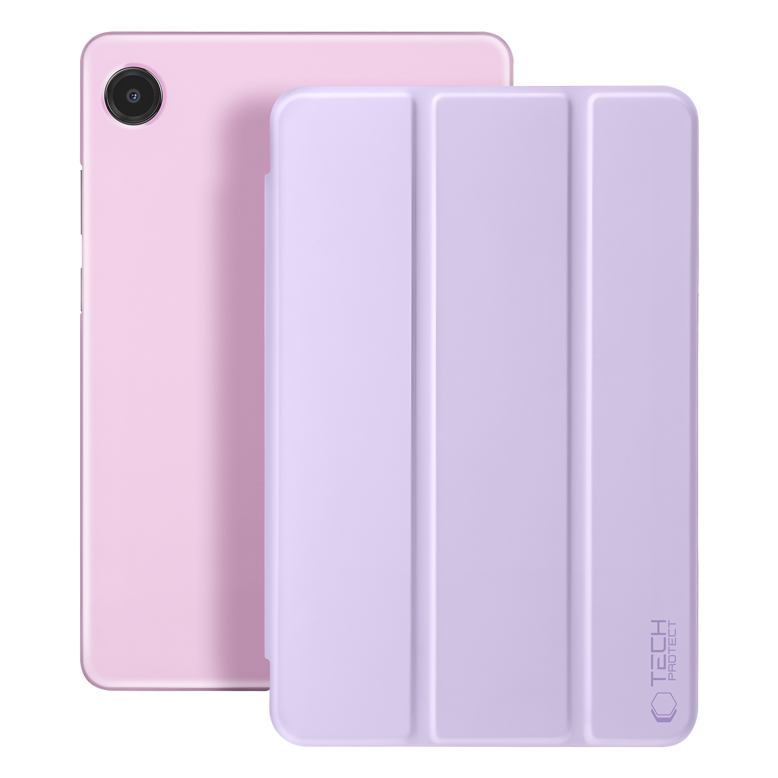 Un tablet rosa con una custodia protettiva viola accanto su sfondo bianco.