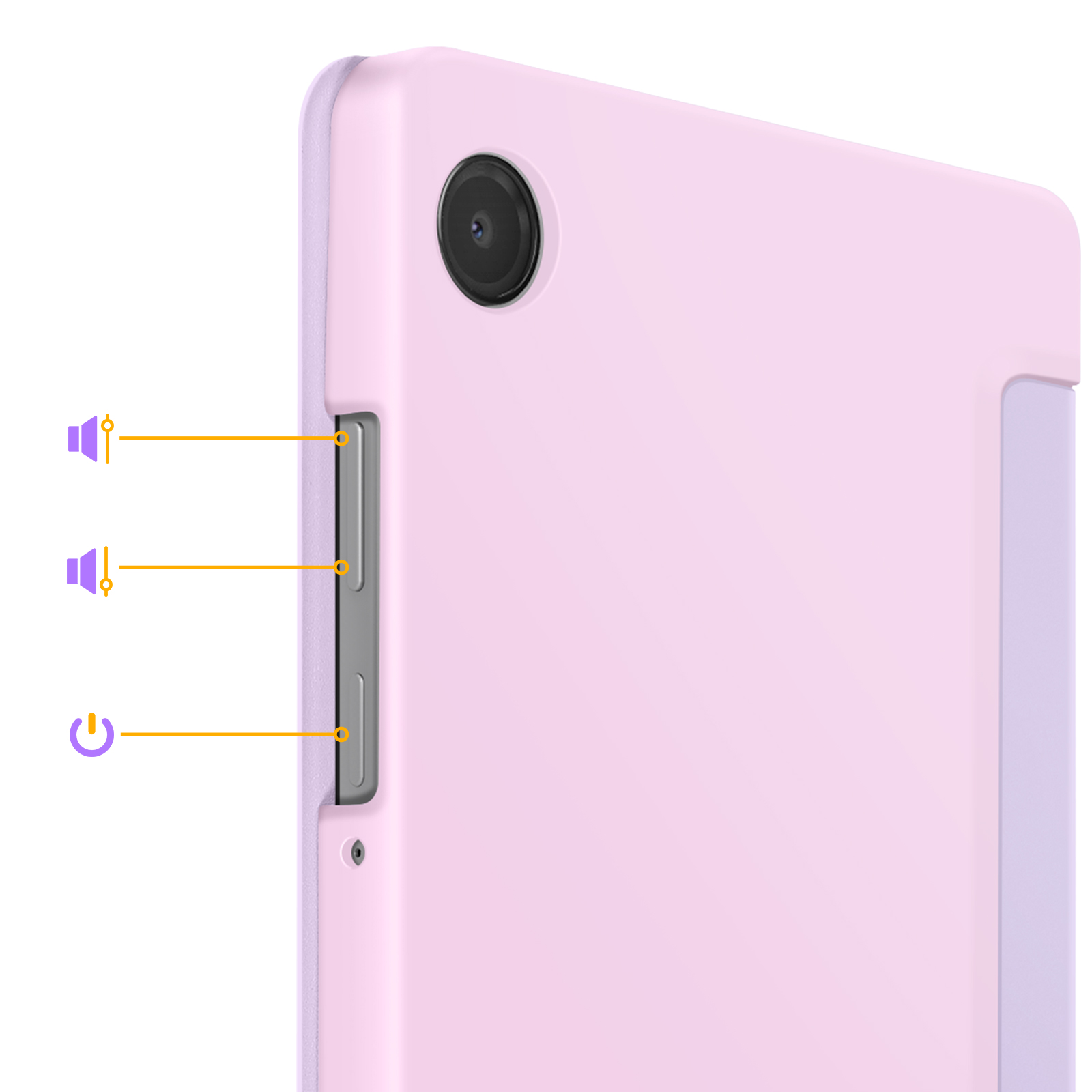 Tablet viola con pulsanti laterali per volume e accensione.