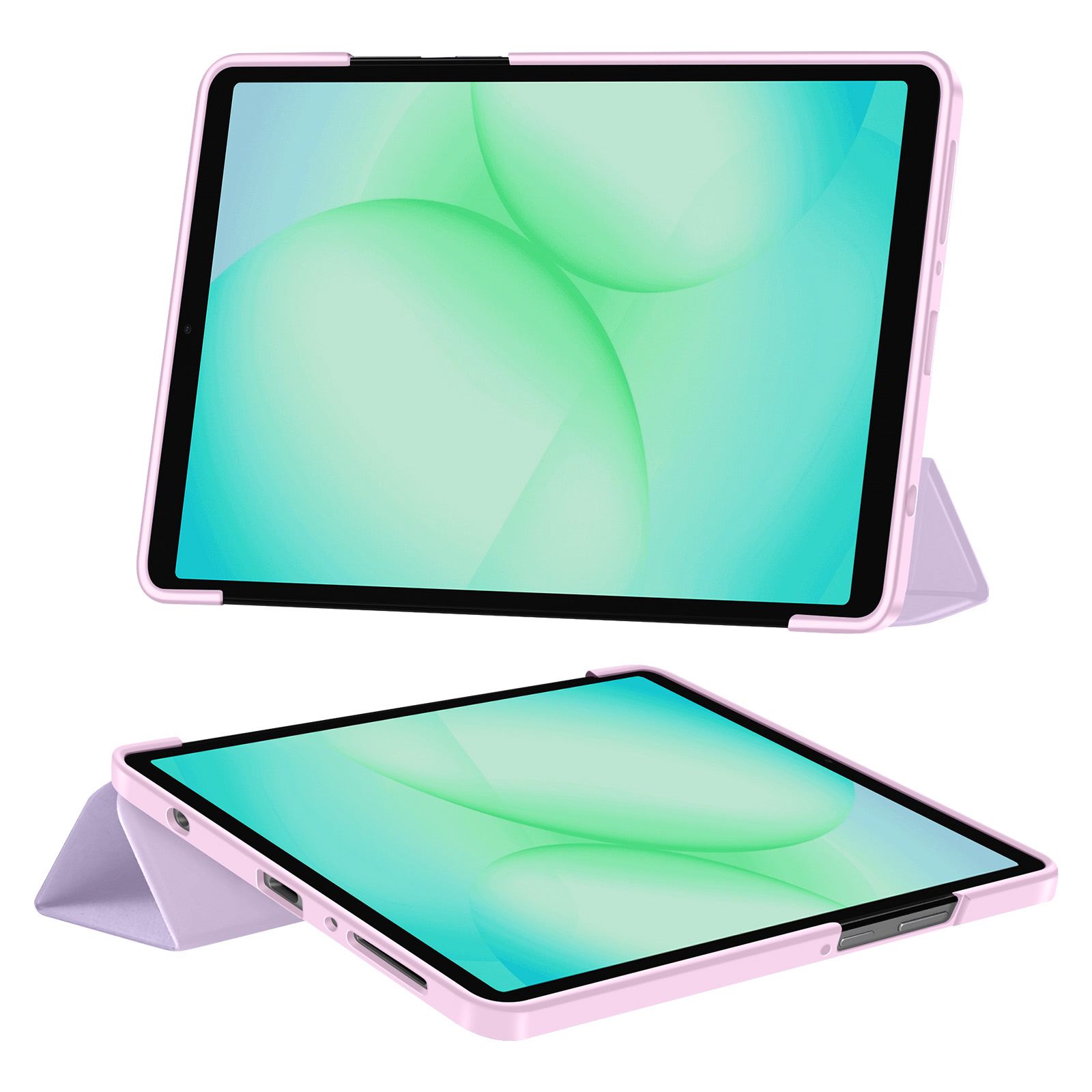 Un tablet rosa con supporto, mostrato da due angolazioni su sfondo verde acqua.
