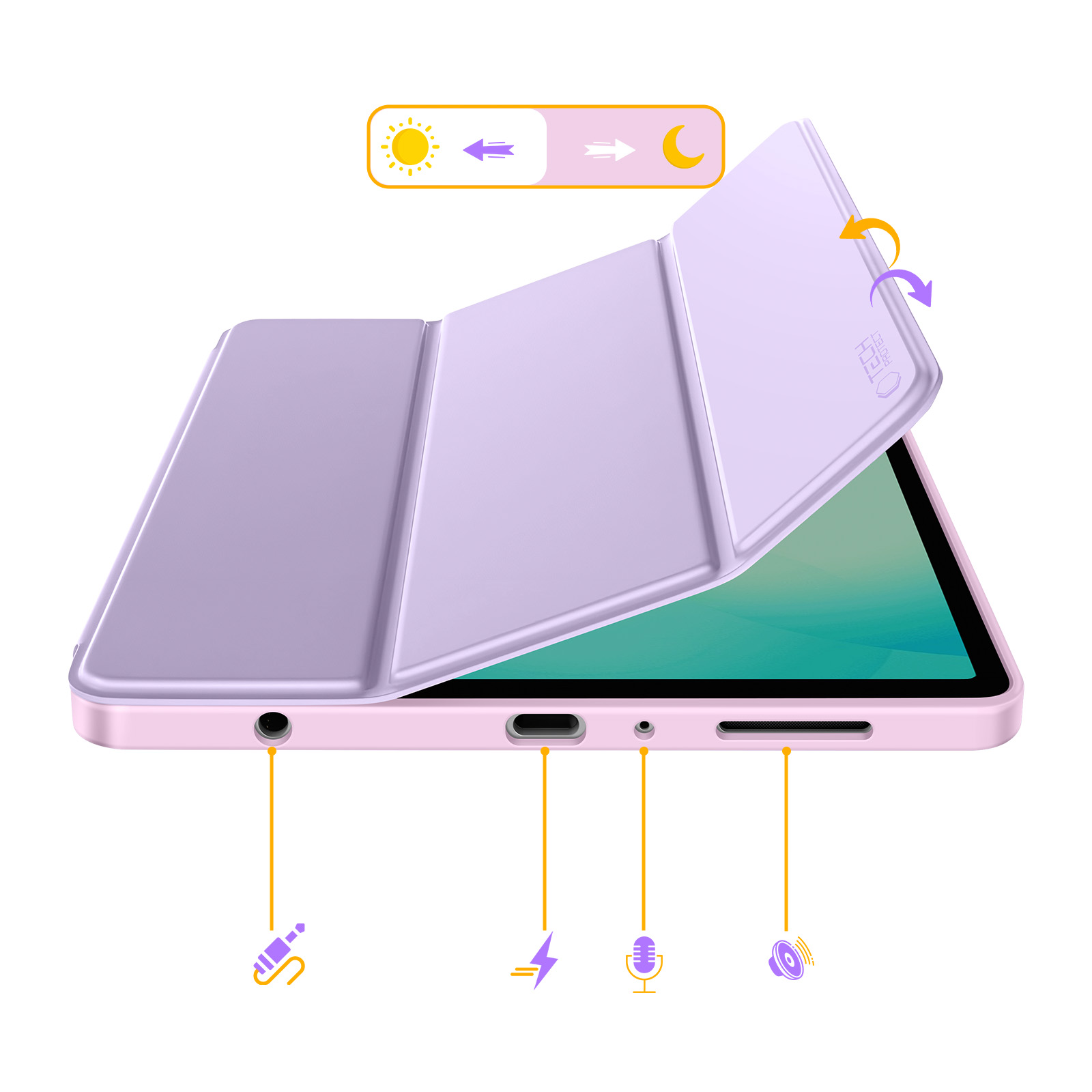 Una custodia viola per tablet con copertina pieghevole, che mostra varie porte e icone.