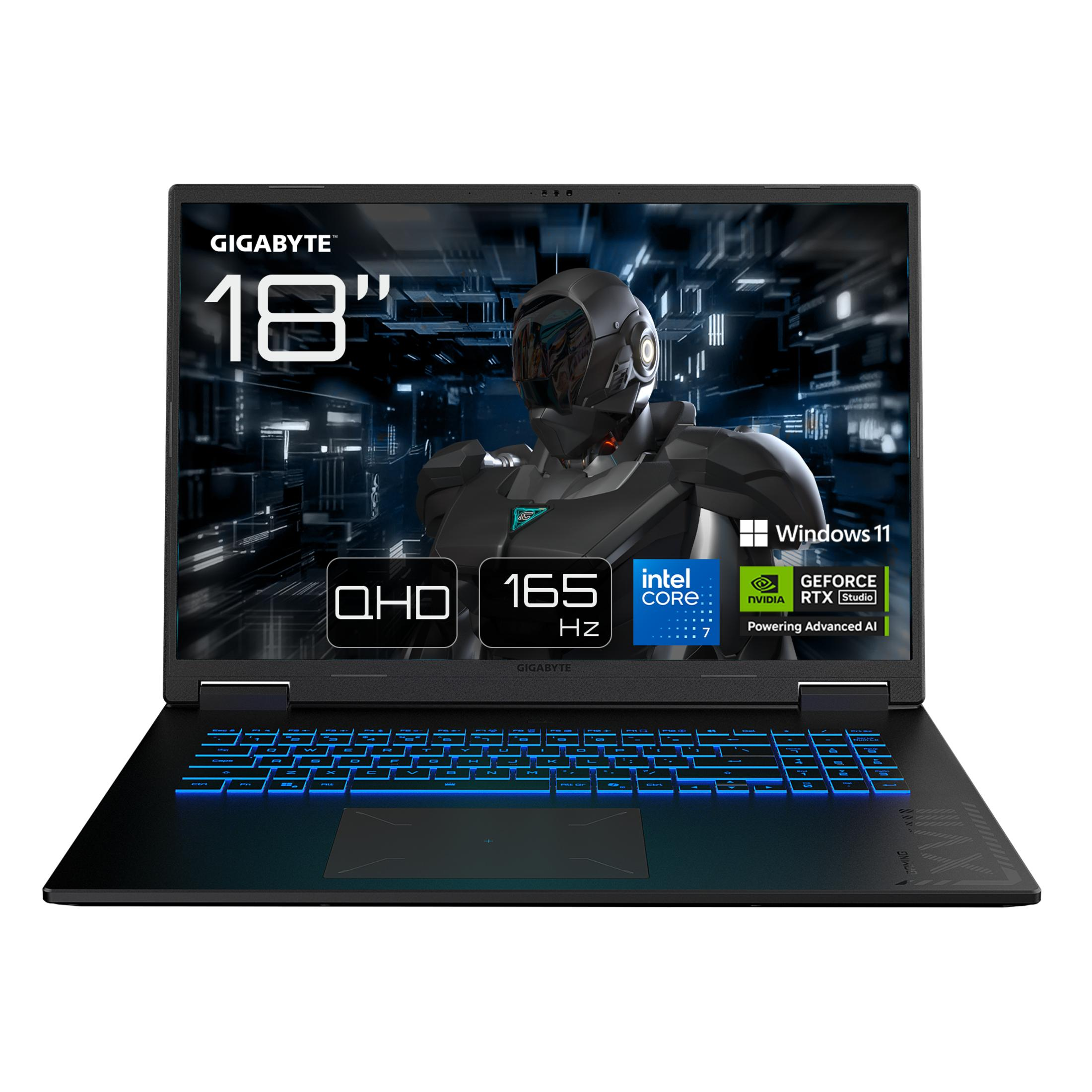 Ein schwarzer Laptop mit blau beleuchteter Tastatur. Der Bildschirm zeigt "18" QHD 165 Hz" und einen Roboter.