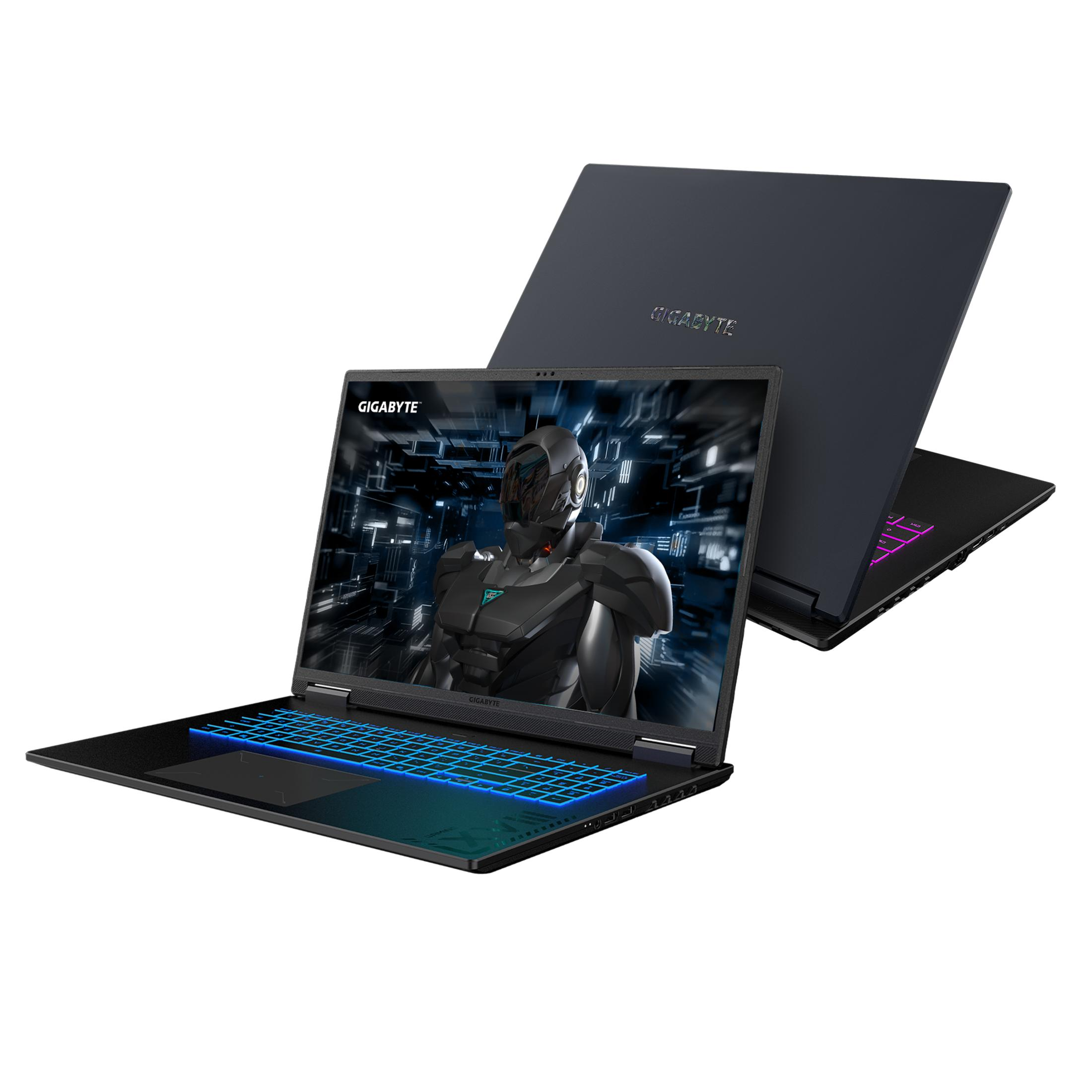 Ein dunkles Gaming-Notebook mit blau beleuchteter Tastatur und einem Roboter-Bildschirm.