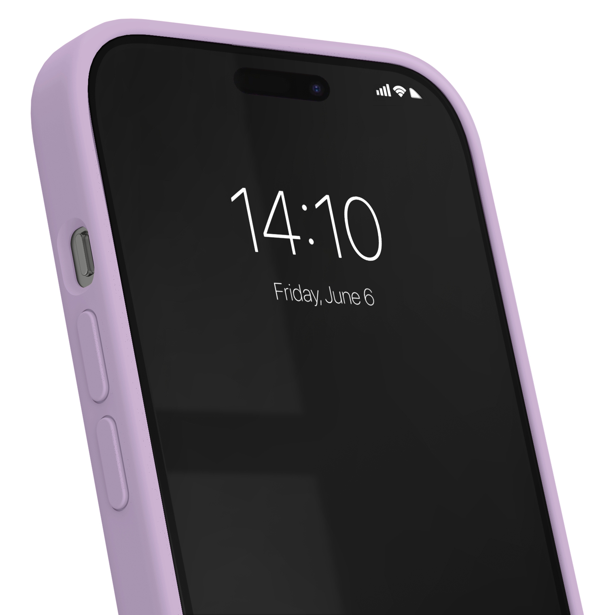 Ein hellviolettes iPhone mit gesperrtem Bildschirm, das 14:10 anzeigt.