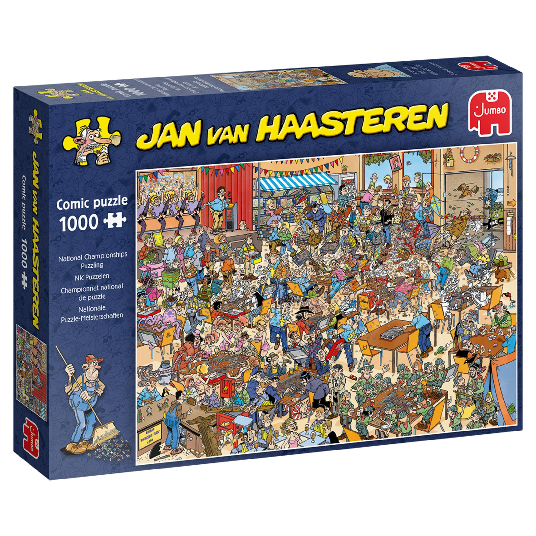 Una scatola di puzzle Jan van Haasteren da 1000 pezzi con un'illustrazione caotica e umoristica.