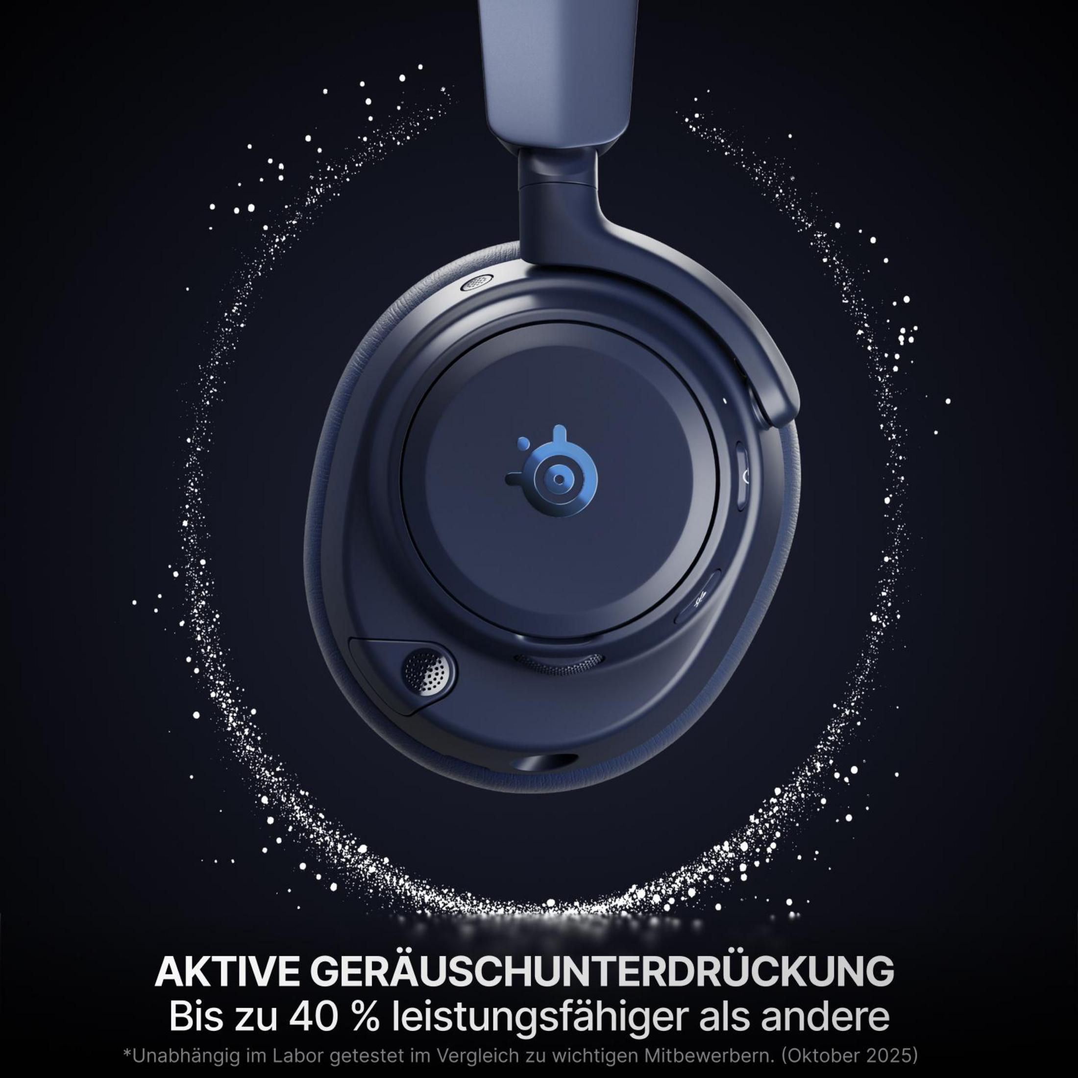 Dunkelblaue Kopfhörer mit weißem Glitzer-Effekt und Text über Geräuschunterdrückung.