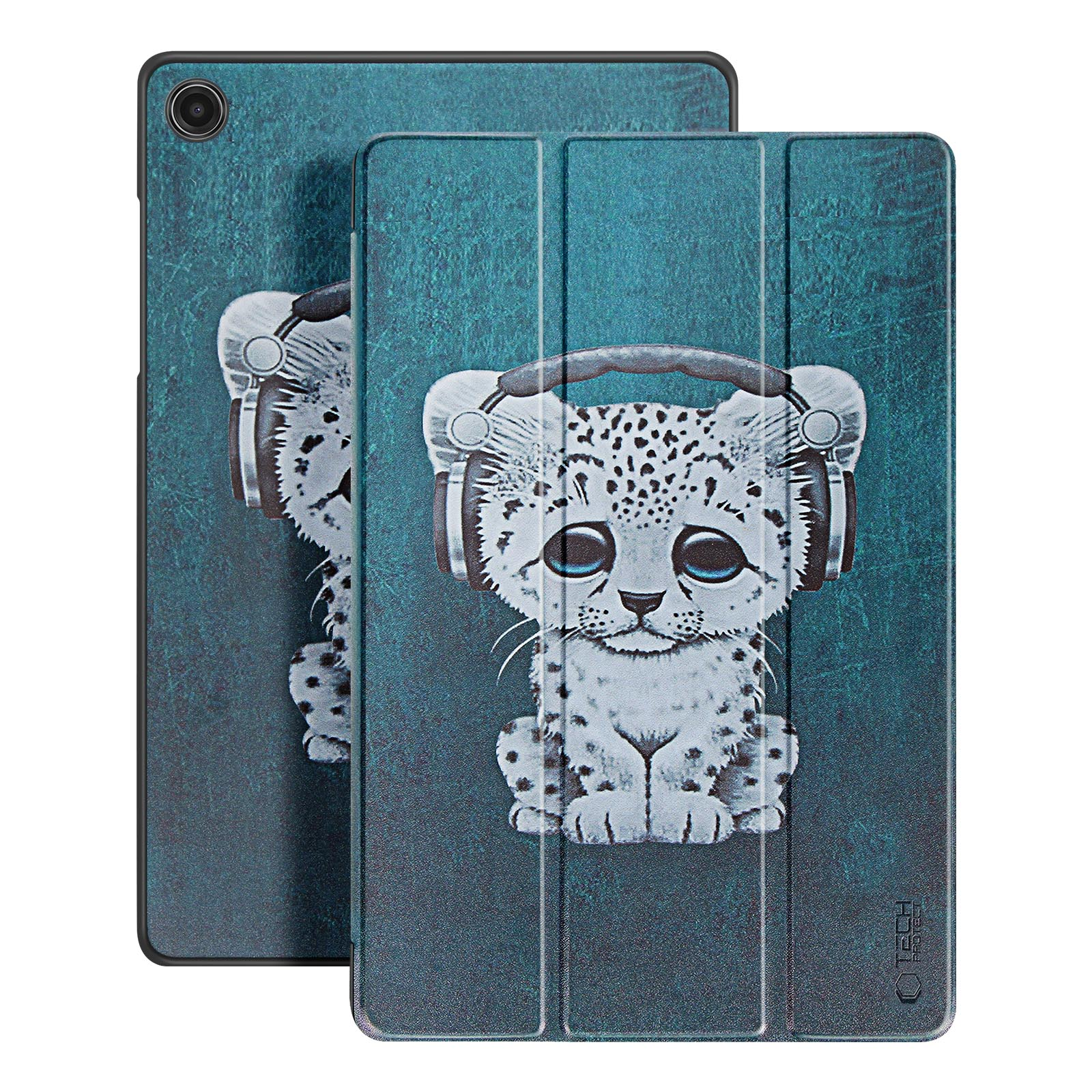 Una custodia per tablet con un cucciolo di leopardo con cuffie su sfondo blu.