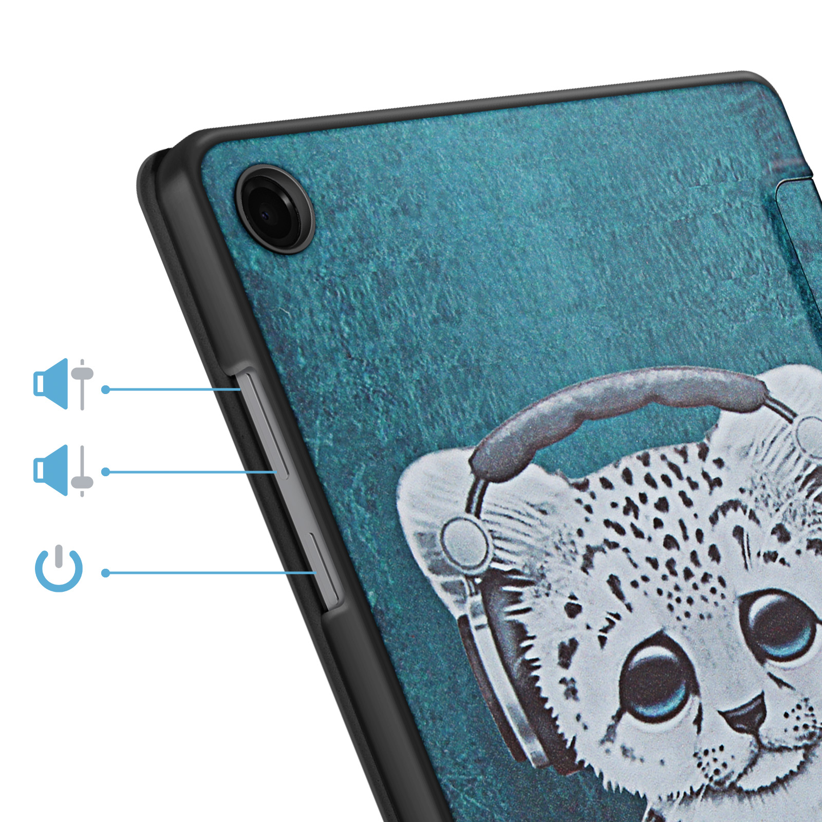 Un tablet con design leopardato e cuffie. Pulsanti volume e accensione visibili.