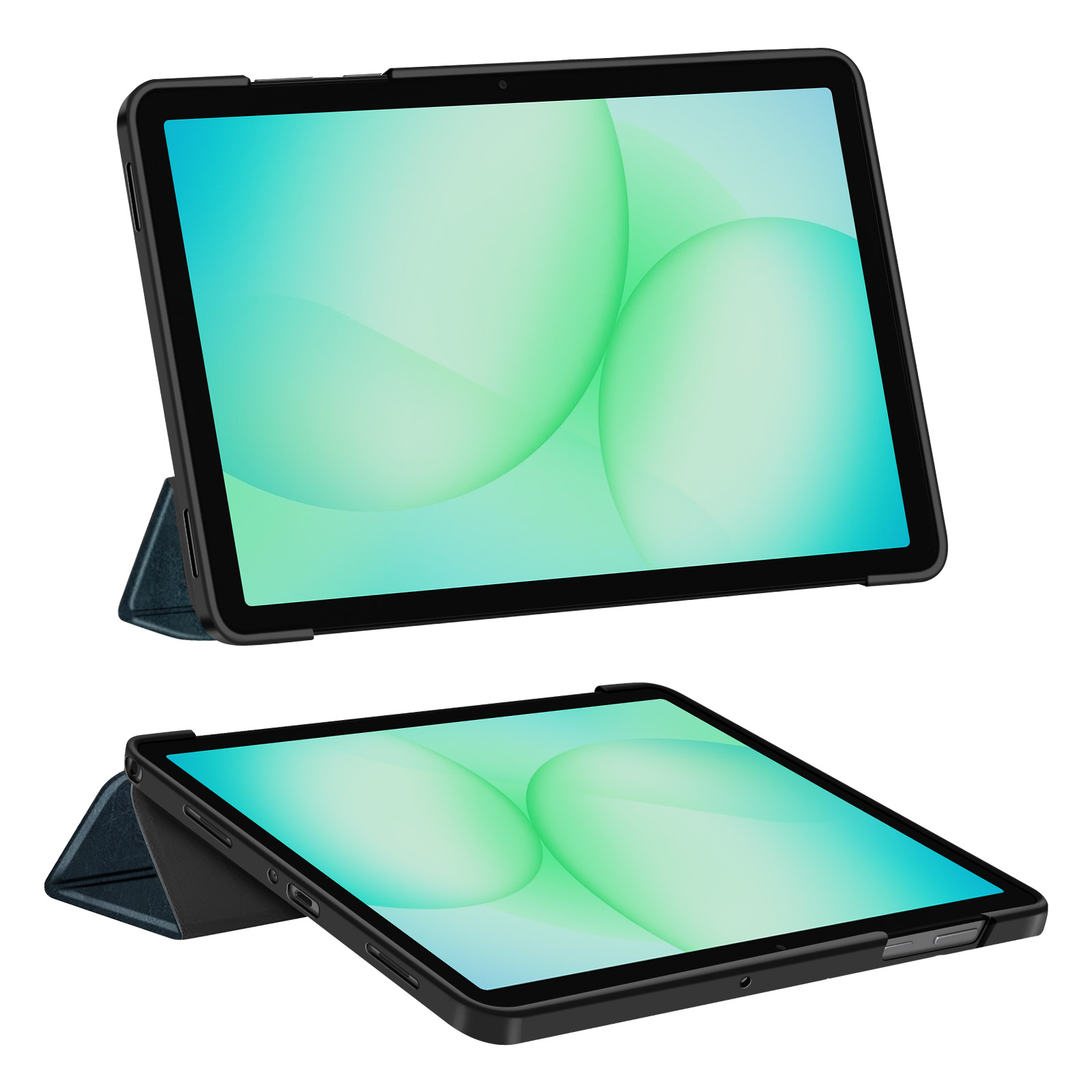 Due tablet con custodie blu, esposti su sfondo bianco.