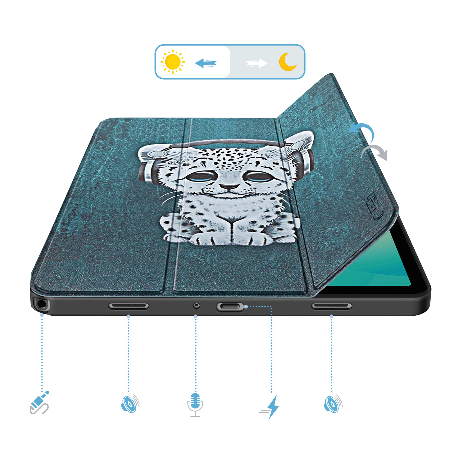 Custodia per tablet con leopardo delle nevi cartoon con cuffie. Icona sole/luna.