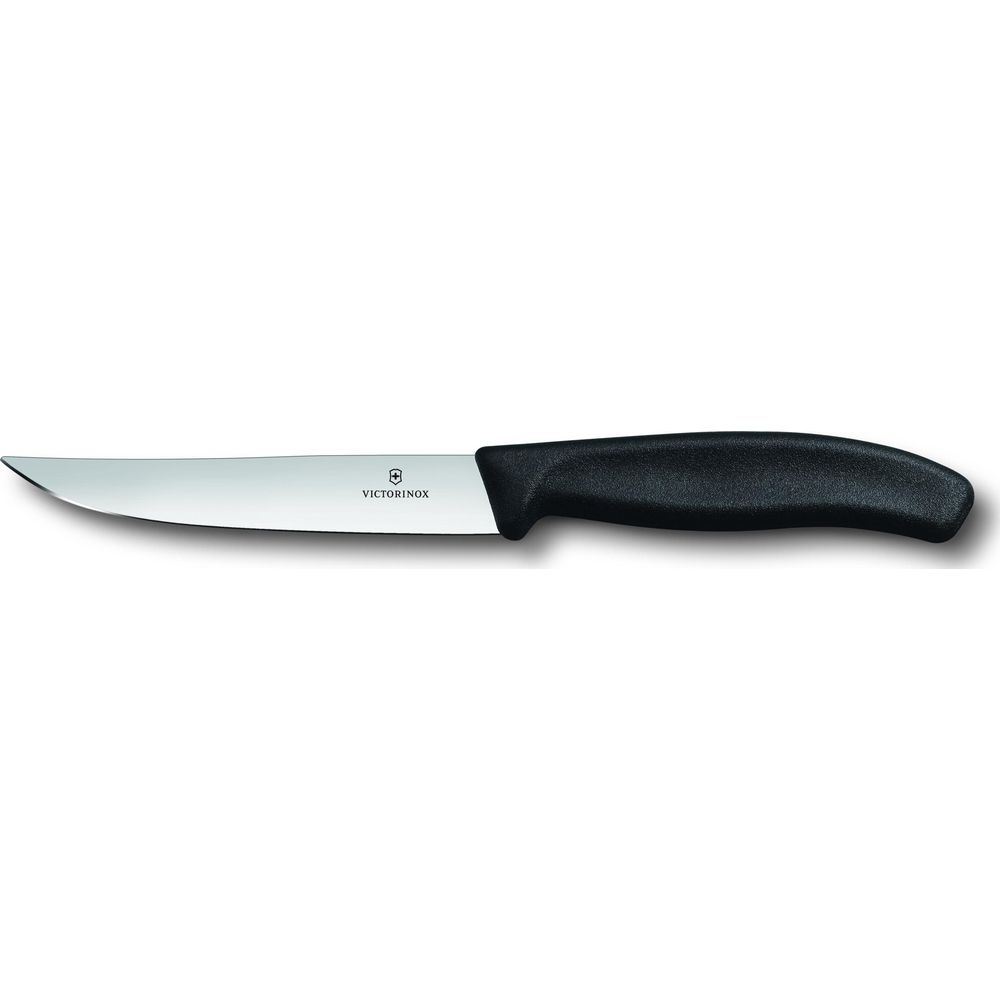 Siyah saplı, gümüş bıçaklı bir Victorinox bıçağı.