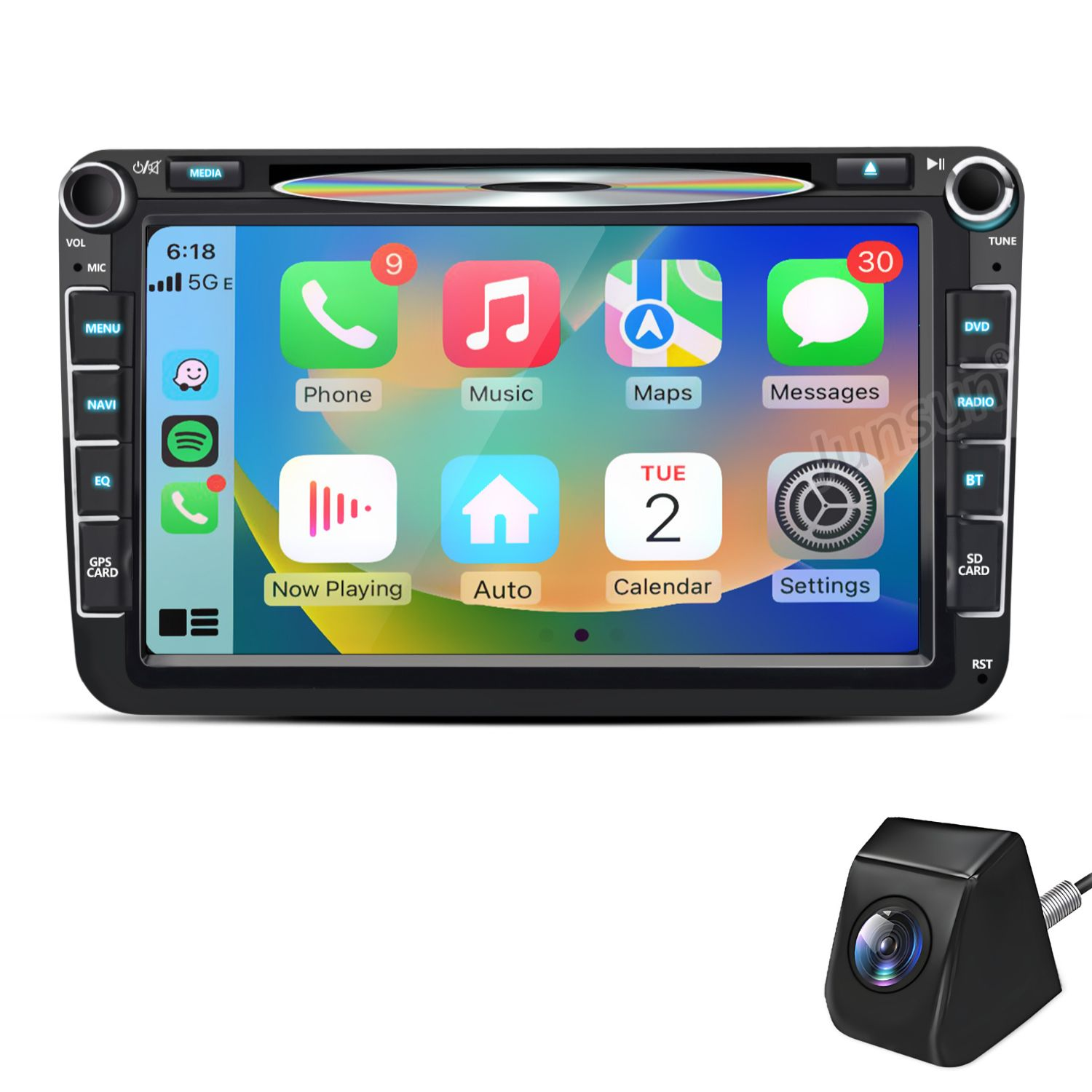 Ein Autoradio mit Touchscreen zeigt Smartphone-Apps und eine Rückfahrkamera.