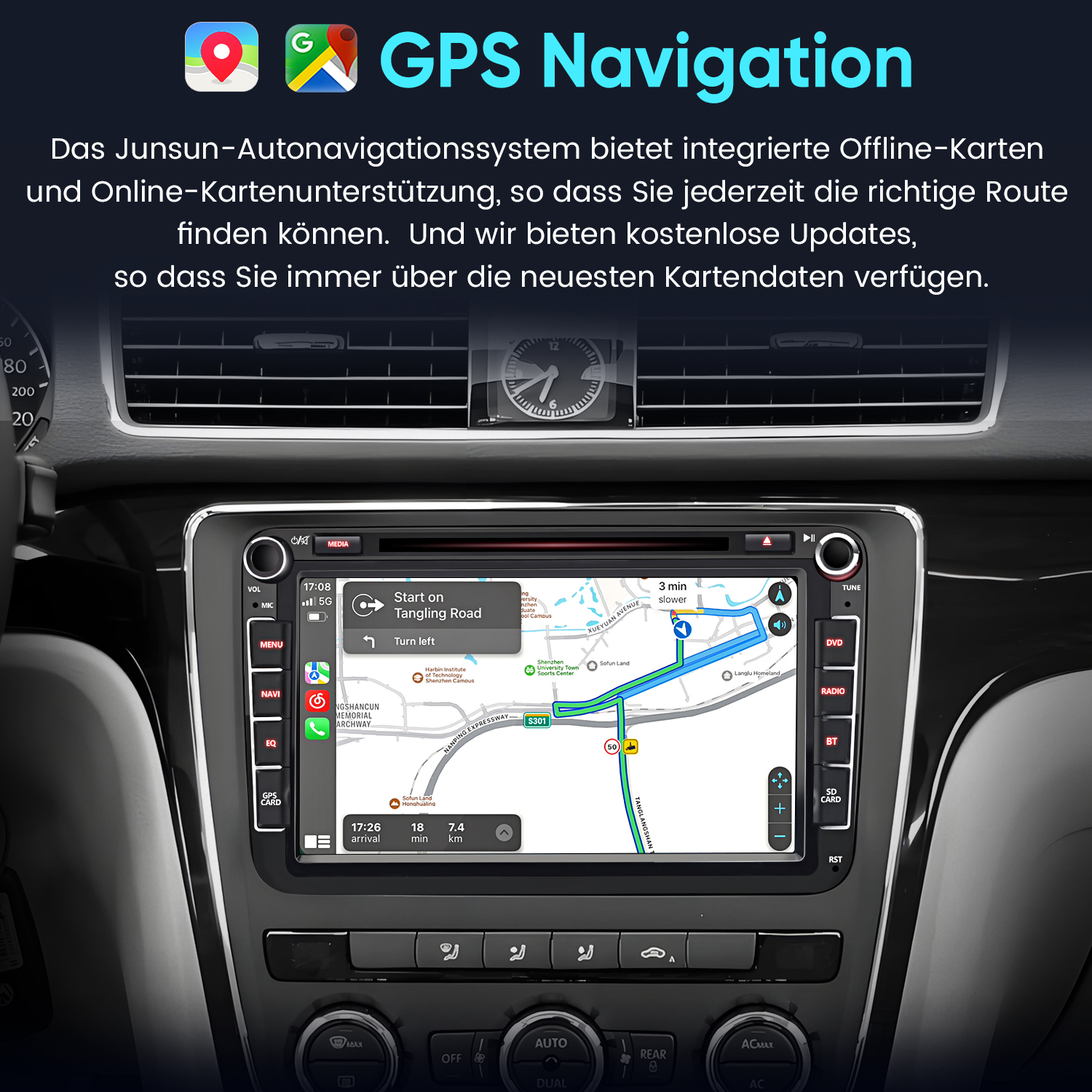Armaturenbrett eines Autos mit GPS-Navigationsbildschirm, der eine Route anzeigt.